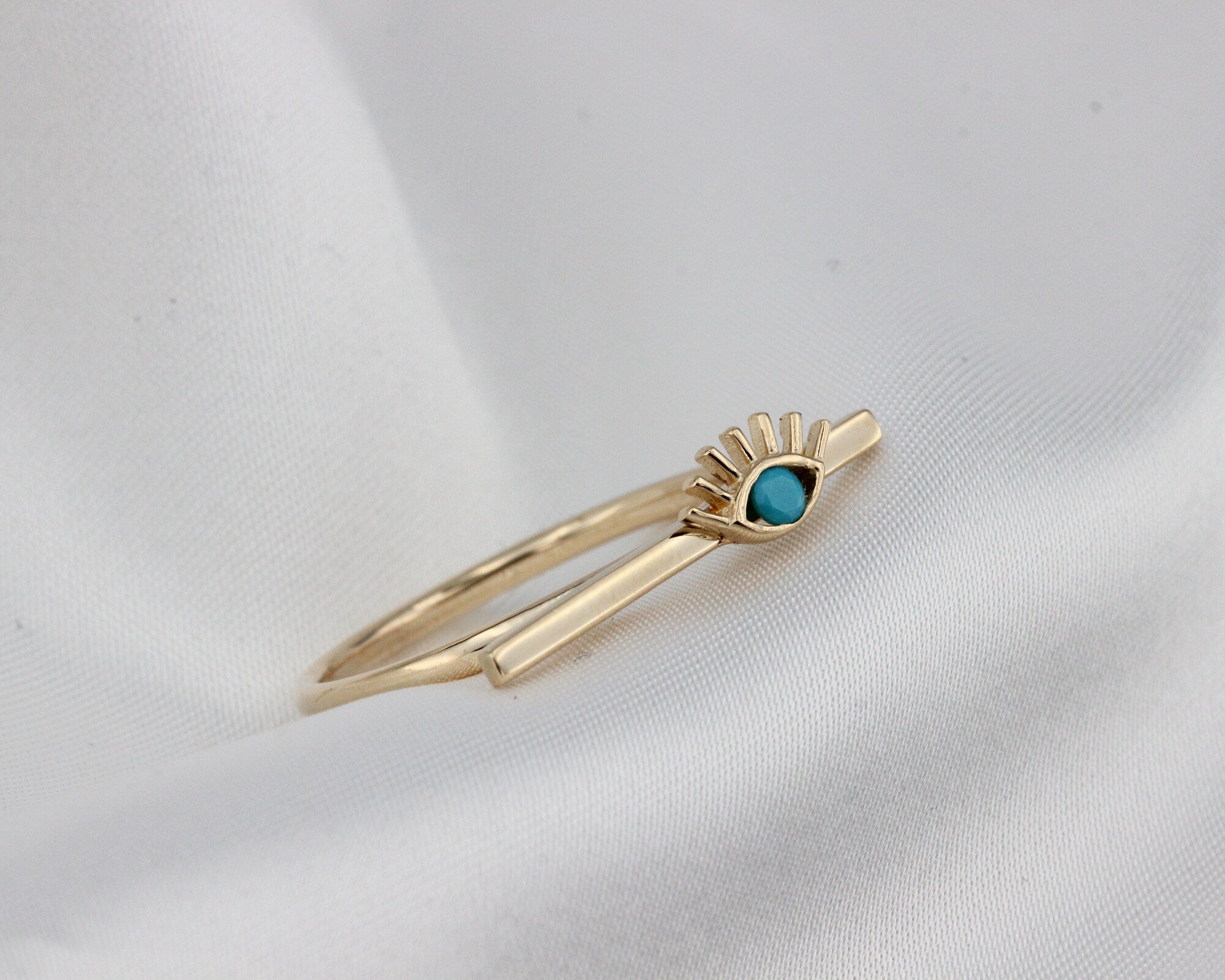 14K Gold Evil Eye Bar Ring, Stackable Dainty Ring, Turquoise Ring, Good Luck Symbol, Minimalist Jewelery, Birthday Bridesmaid Gift, Delicate