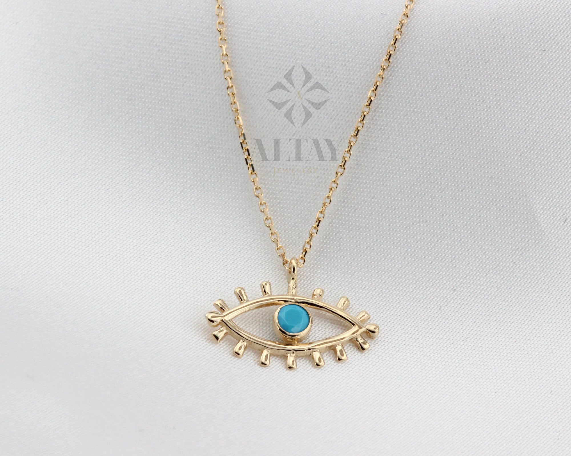 14K Solid Gold Evil Eye Necklace, Eyelash Charm Pendant, Turquoise Stone Charm, Good Luck Protection Symbol, Dainty Necklace, Gift For Her