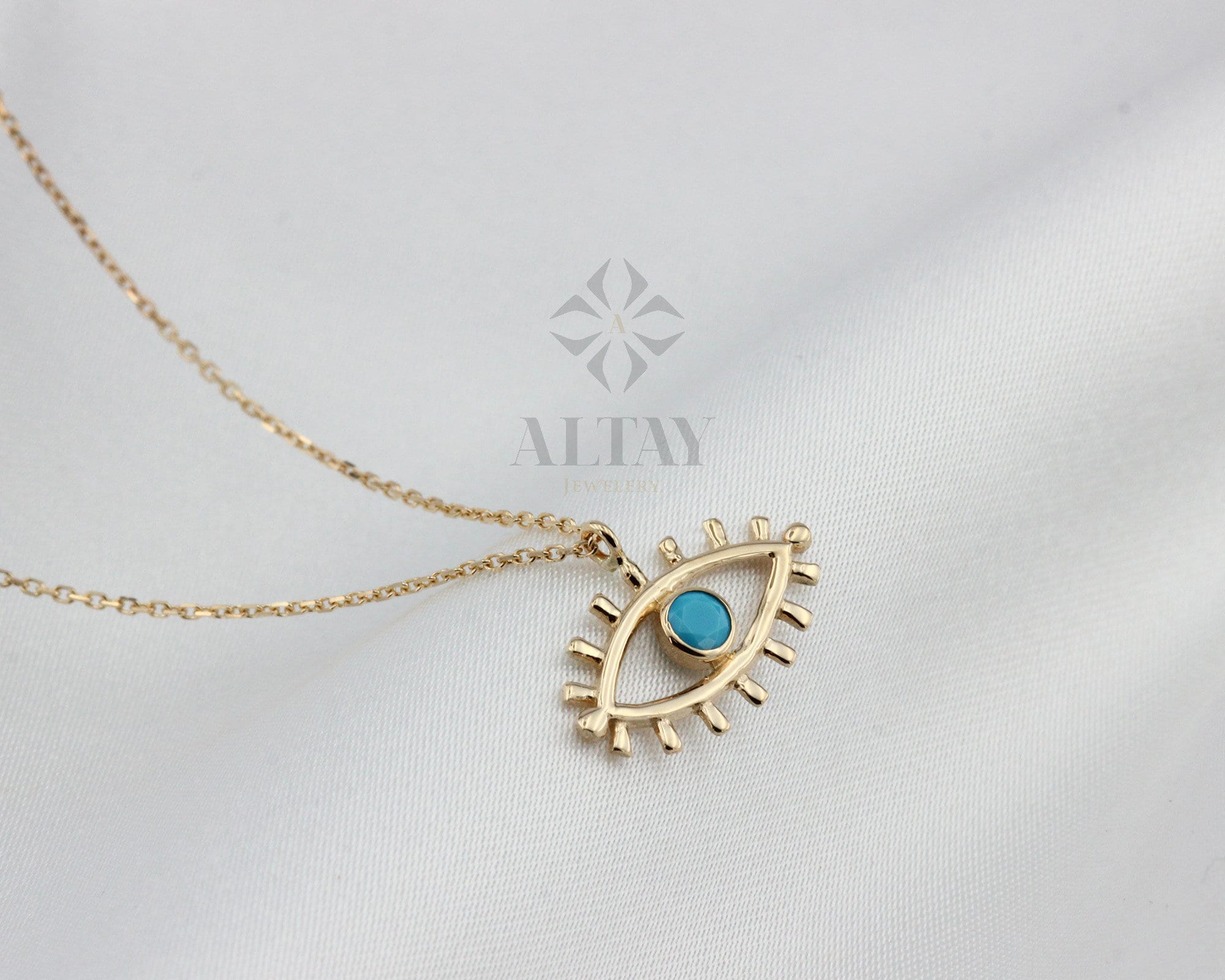 14K Solid Gold Evil Eye Necklace, Eyelash Charm Pendant, Turquoise Stone Charm, Good Luck Protection Symbol, Dainty Necklace, Gift For Her