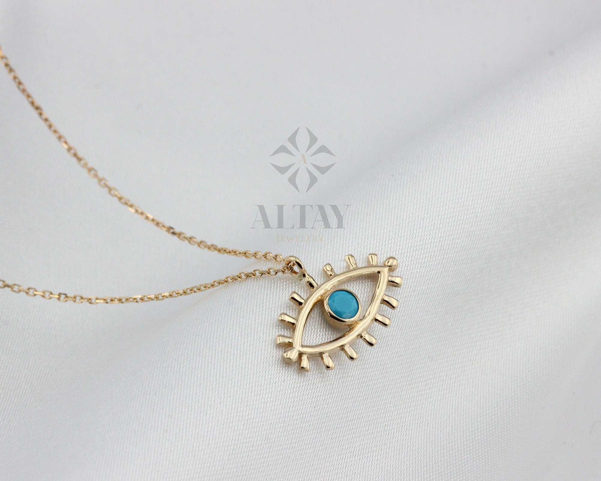 14K Gold Evil Eye Necklace, Medallion Third Eye Necklace, Minimalist Eye Necklace, Turquoise Stone Charm, Protection Pendant Charm Necklace