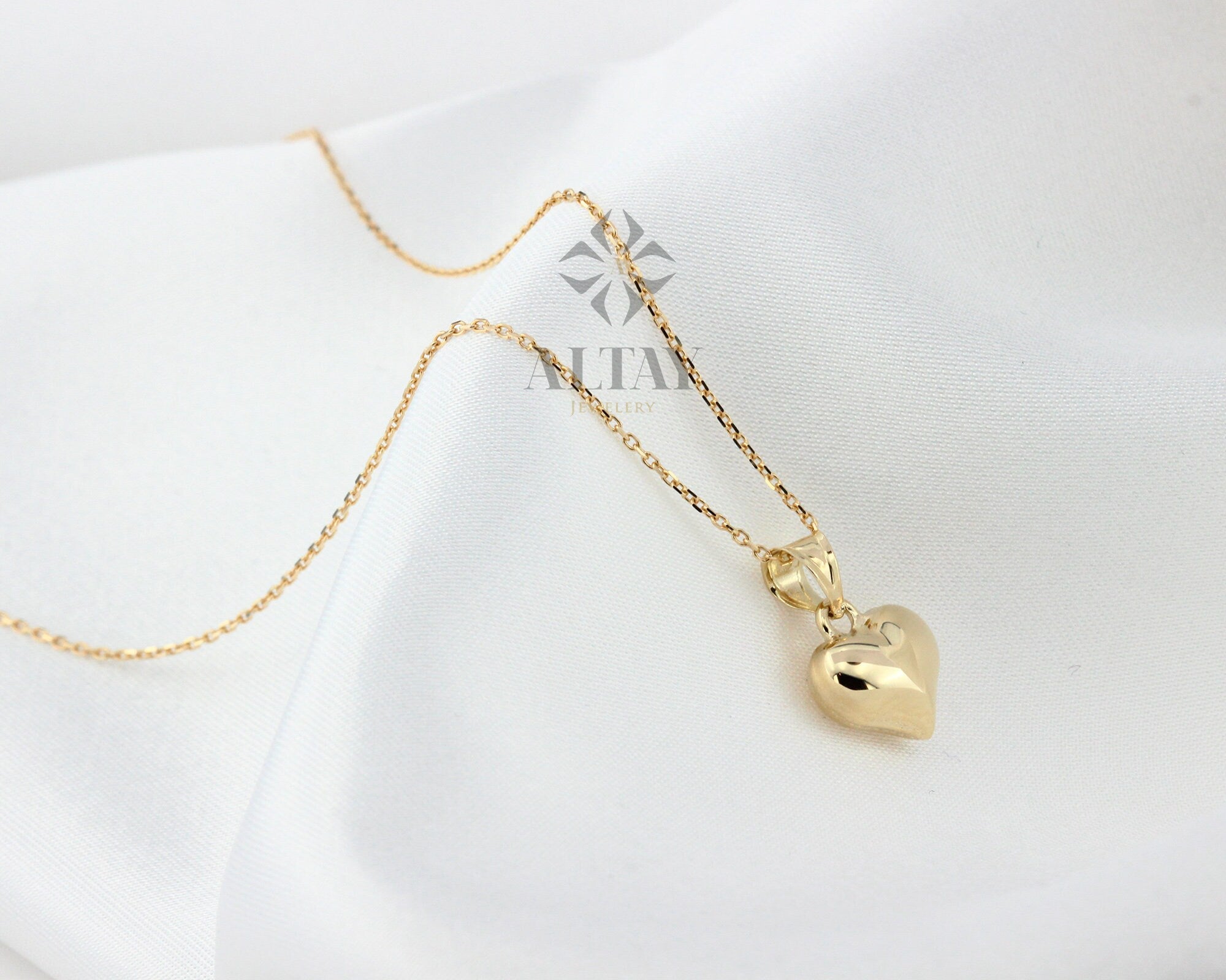 14K Gold Heart Necklace, Small Heart Necklace, Mini 3D Heart Pendant, Puffy Heart Real Gold Charm, Love Pendant Necklace, Gift for Her