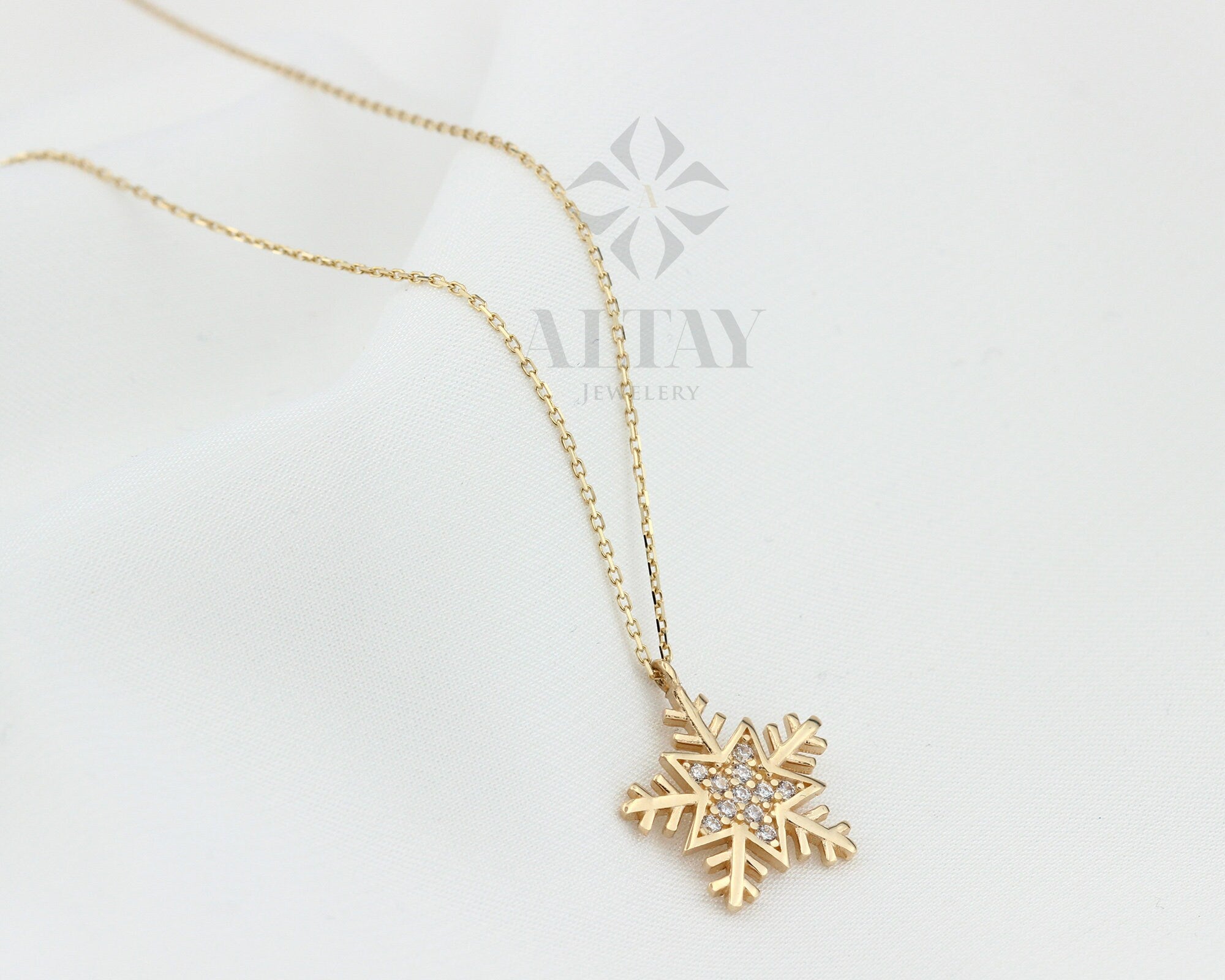 14K Gold Snow Flake Necklace, CZ Diamond Snow Flake Charm, Delicate Dainty Necklace, Minimalist Fine Jewelry, Christmas Gift For Her