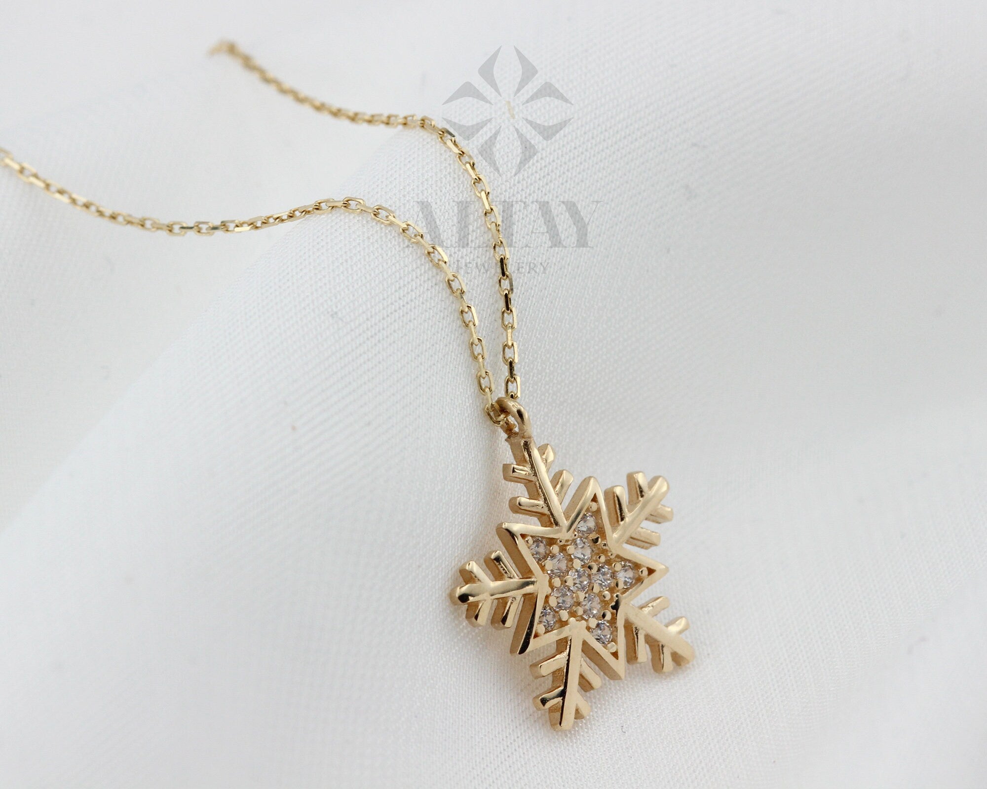 14K Gold Snow Flake Necklace, CZ Diamond Snow Flake Charm, Delicate Dainty Necklace, Minimalist Fine Jewelry, Christmas Gift For Her