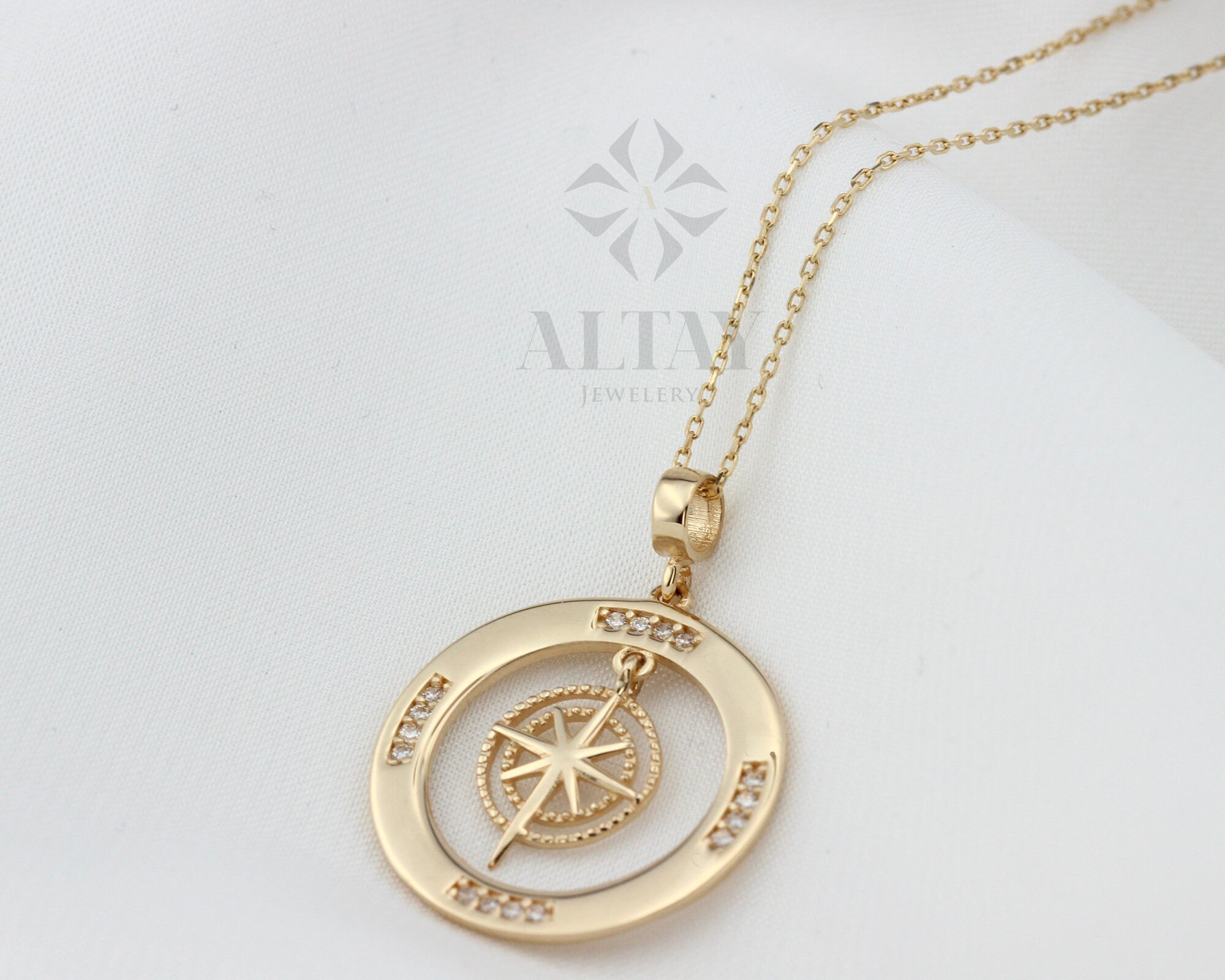 14K Gold Compass Necklace, Zirconia Stones Compass Jewelry, Cz Diamonds Necklace, Compass Charm, Personalized Compass, Custom Pendant