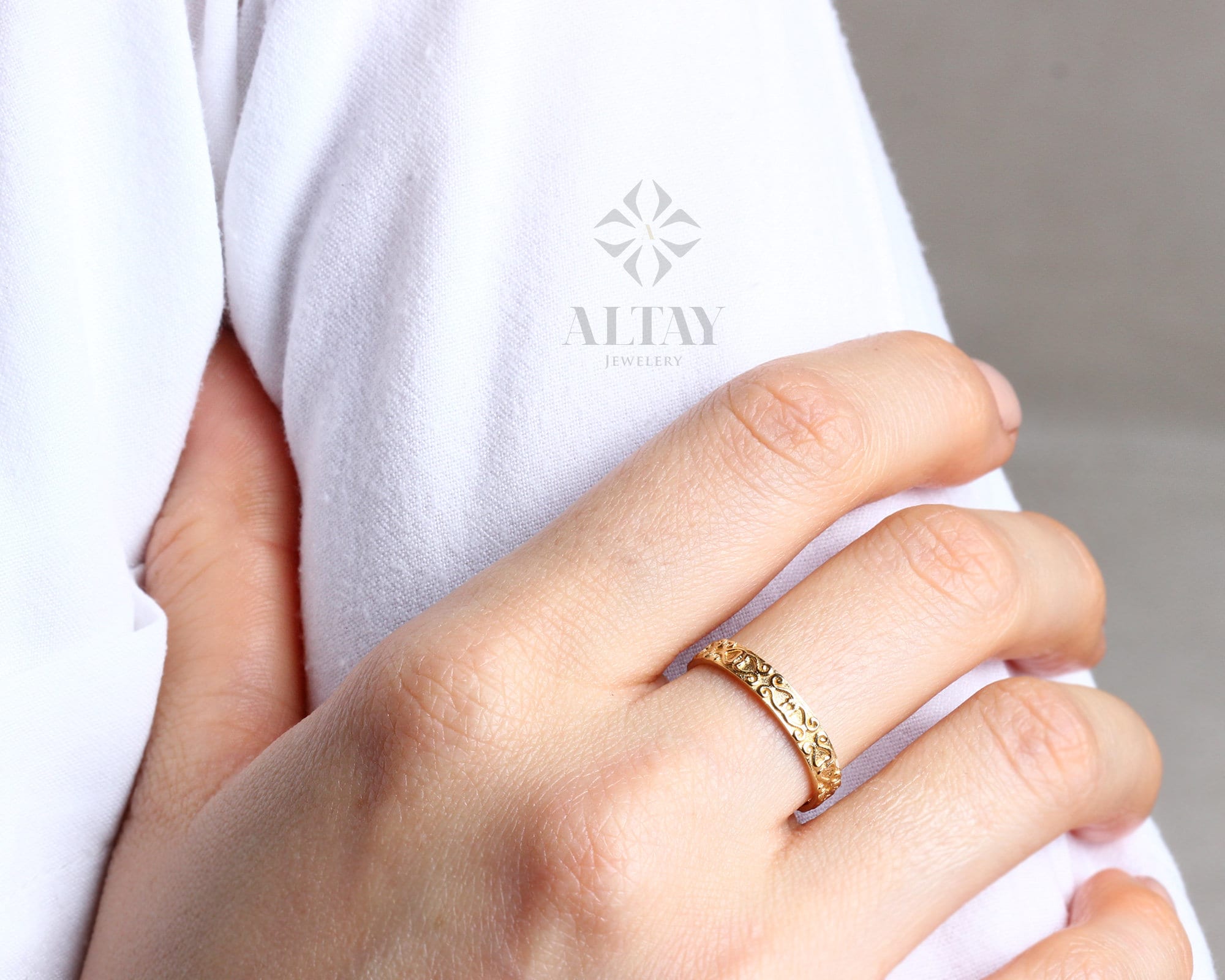 14K Gold Embossed Ring, Vintage Style Gold, Knuckle Stackable Ring, Antique Style Ring, Swirl Patterned, Bridesmaid Jewelry, Gift for Her