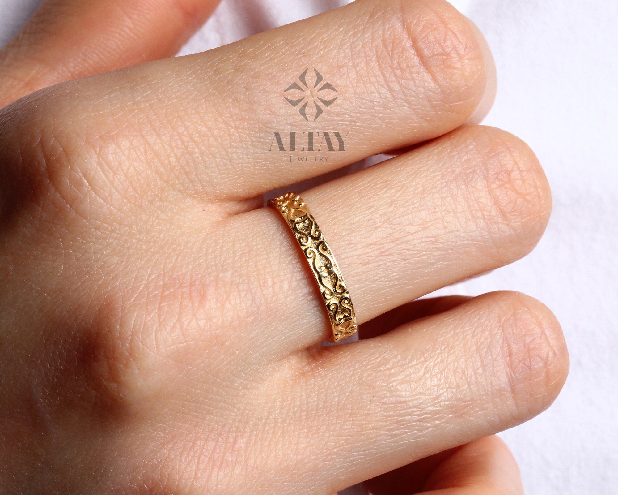 14K Gold Embossed Ring, Vintage Style Gold, Knuckle Stackable Ring, Antique Style Ring, Swirl Patterned, Bridesmaid Jewelry, Gift for Her