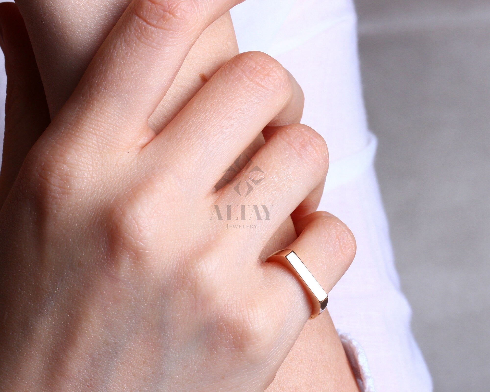 14K Gold Signet Bar Ring, Rectangle Signet Ring, Chevalier Ring, Signet Ring, Women Pinky Ring, Flat Bar Ring, Thin Stacking Ring Jewelry