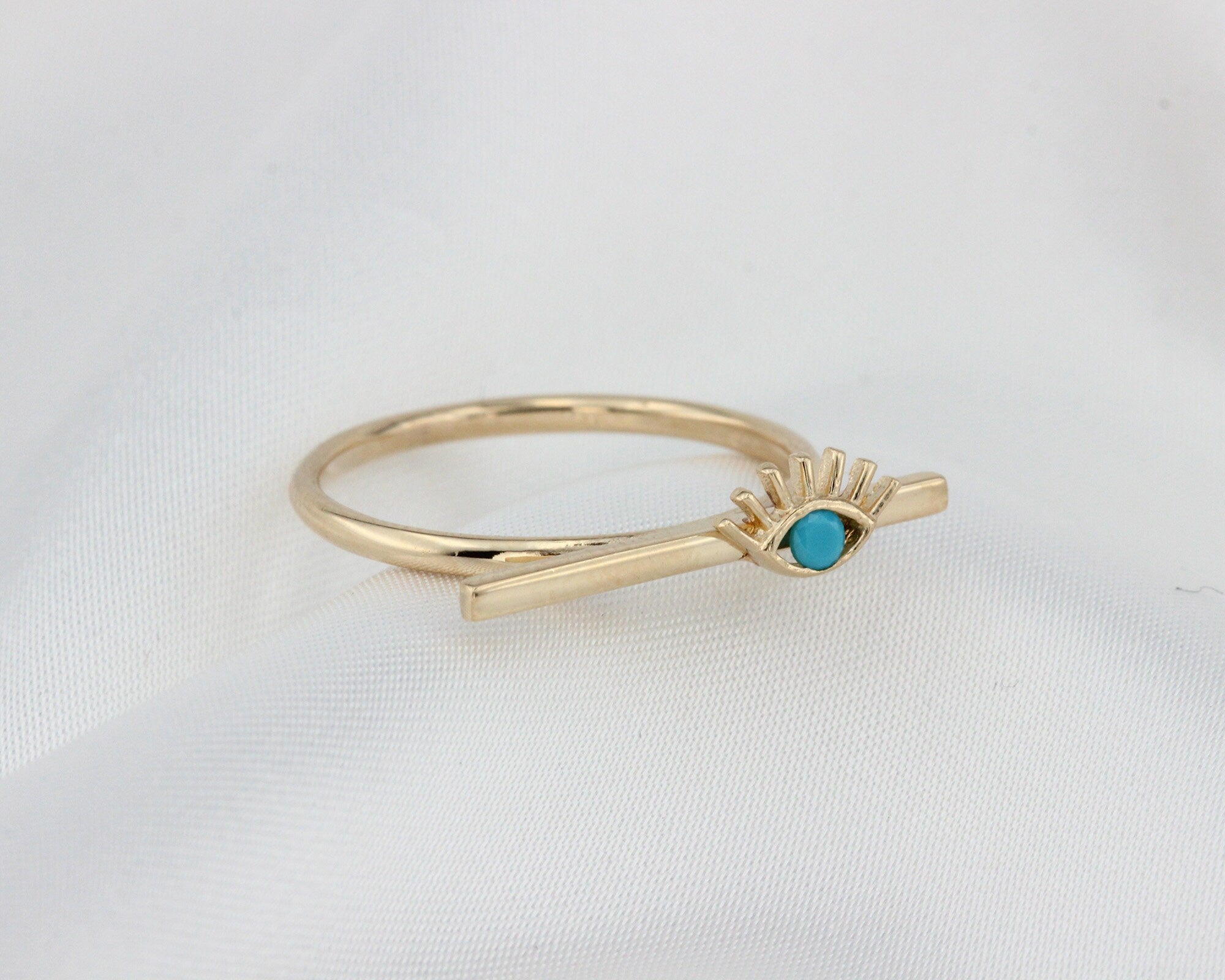 14K Gold Evil Eye Bar Ring, Stackable Dainty Ring, Turquoise Ring, Good Luck Symbol, Minimalist Jewelery, Birthday Bridesmaid Gift, Delicate