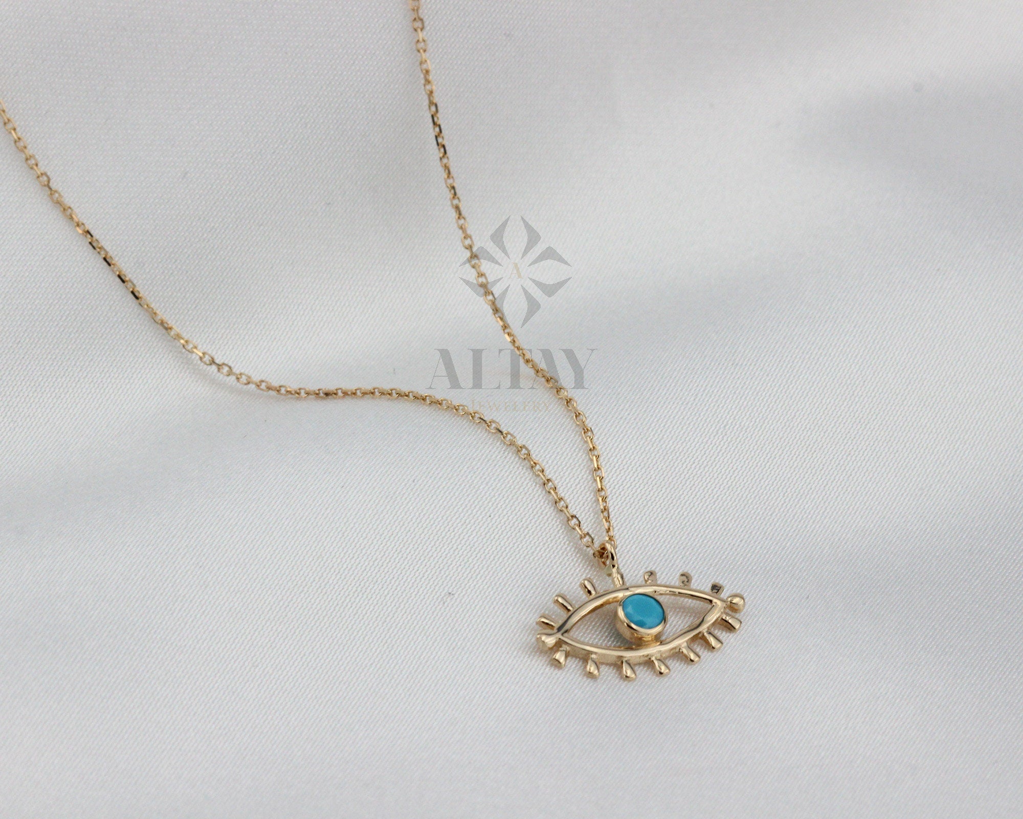 14K Solid Gold Evil Eye Necklace, Eyelash Charm Pendant, Turquoise Stone Charm, Good Luck Protection Symbol, Dainty Necklace, Gift For Her