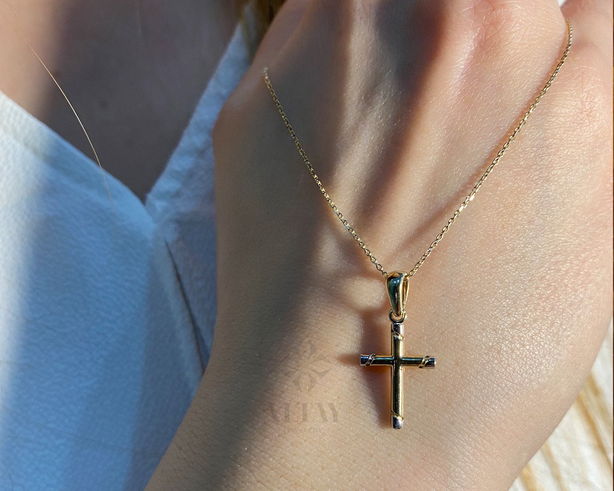 14K Gold Cross Necklace, Crucifix Pendant Chain, Jesus Christ Religious Jewelry, Christening, Dainty Cross Charm, Christian Two-Tone Pendant