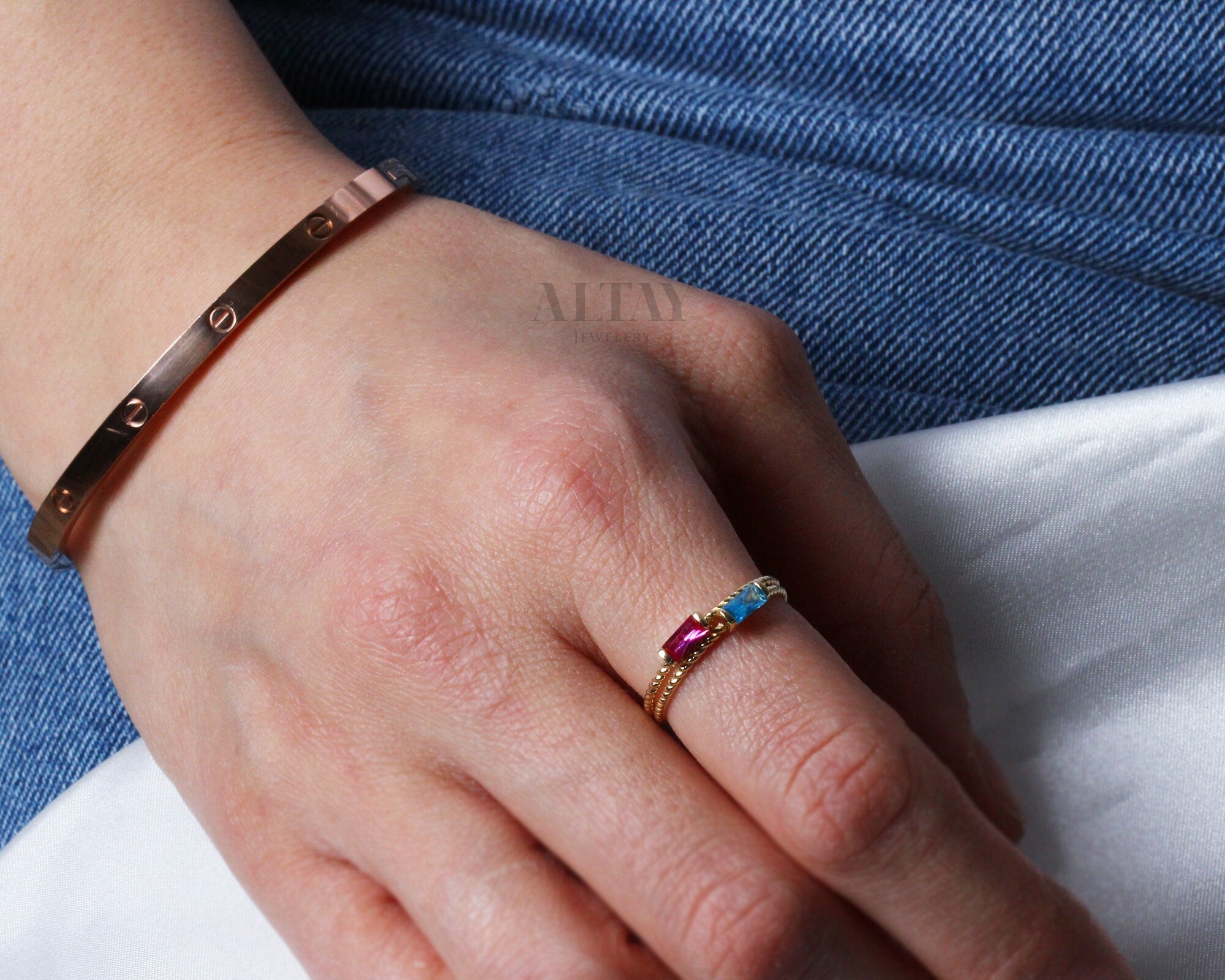 14K Solid Gold Baguette Ring, London Blue Topaz Ring, Ruby Stacking Ring, Aquamarine Dainty Wedding Ring, Tiny Stackable Ring, Gift For Her