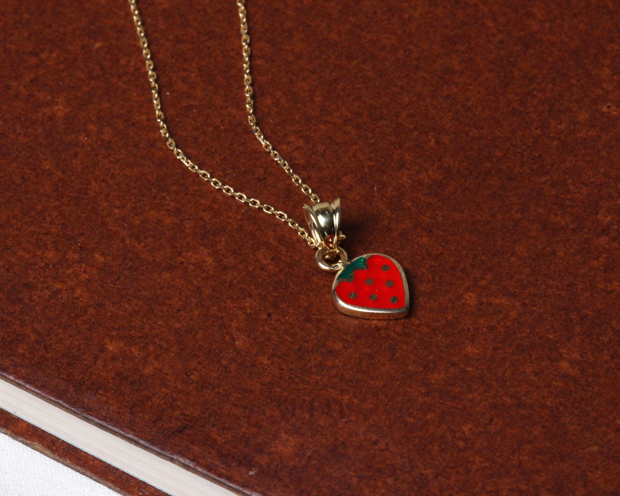 14k Gold Strawberry Necklace, Gold Fruit Necklace Pendant, Gold Cherry Charm, Tiny 14k Dainty Choker, Holiday Gift For Kids, Gift for Her