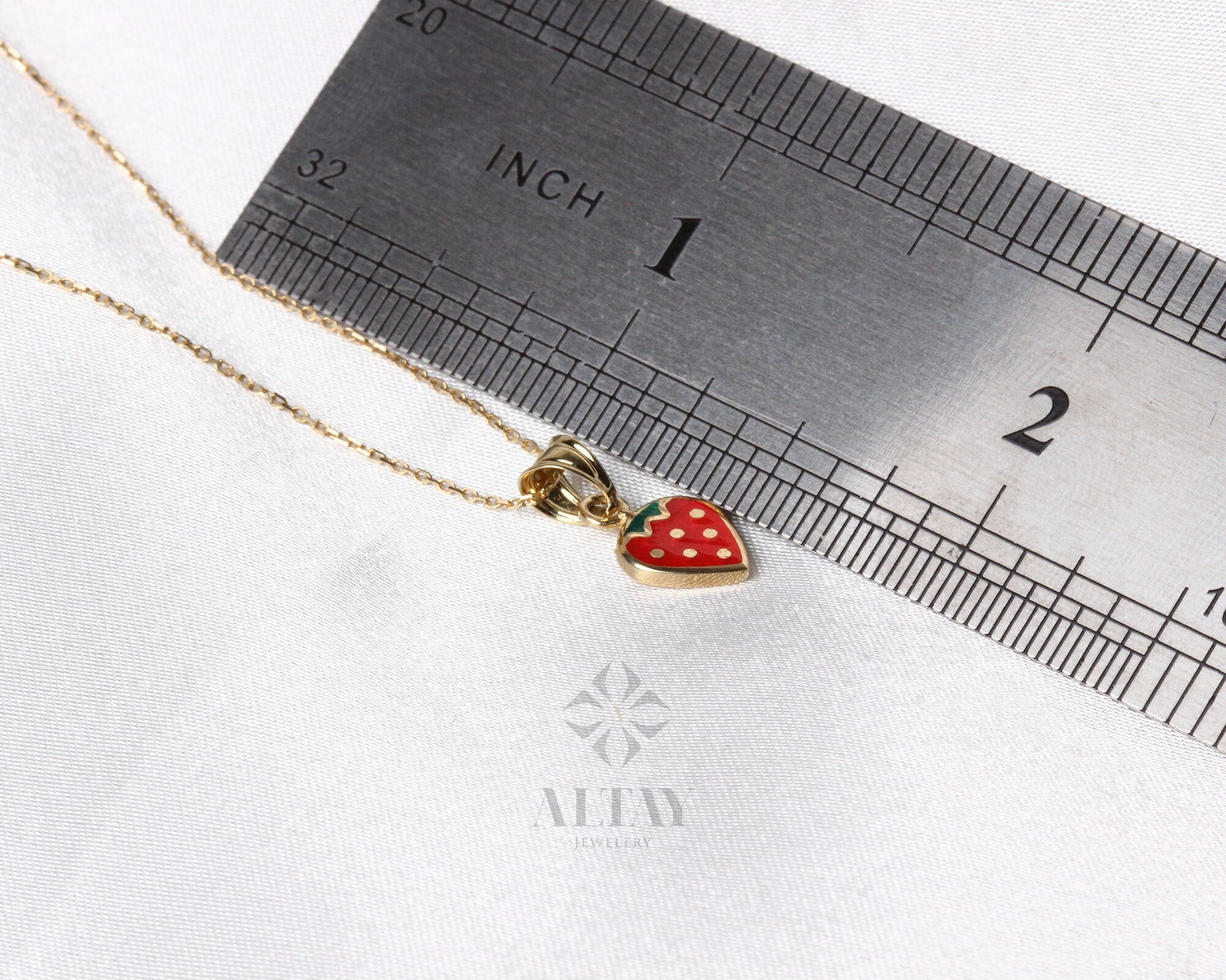 14k Gold Strawberry Necklace, Gold Fruit Necklace Pendant, Gold Cherry Charm, Tiny 14k Dainty Choker, Holiday Gift For Kids, Gift for Her