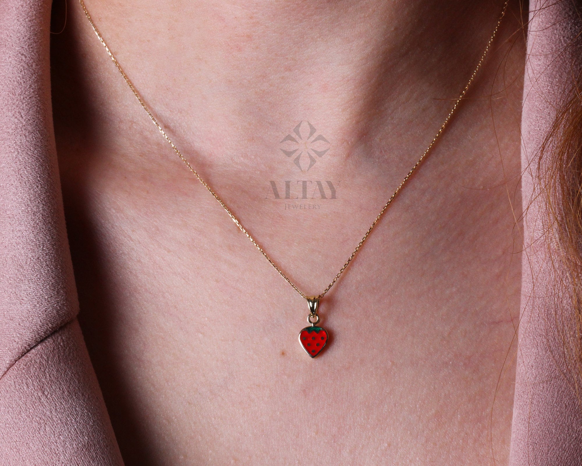 14k Gold Strawberry Necklace, Gold Fruit Necklace Pendant, Gold Cherry Charm, Tiny 14k Dainty Choker, Holiday Gift For Kids, Gift for Her