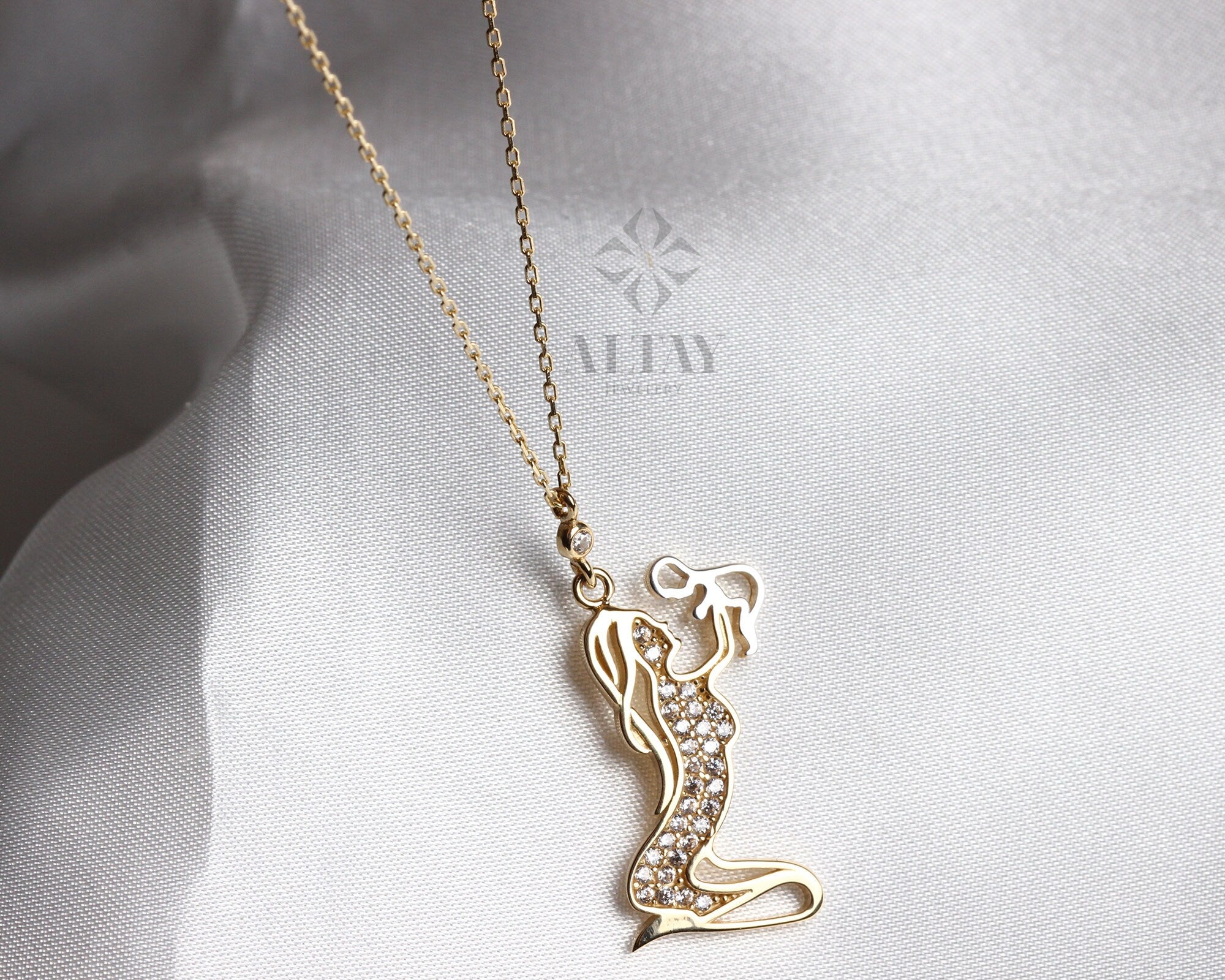 14K Gold Mother and Child Necklace, Family Pendant, Mother and Baby Charm, Mothers Day Gift, New Mom Gift, Valentines Day, Gift for Her