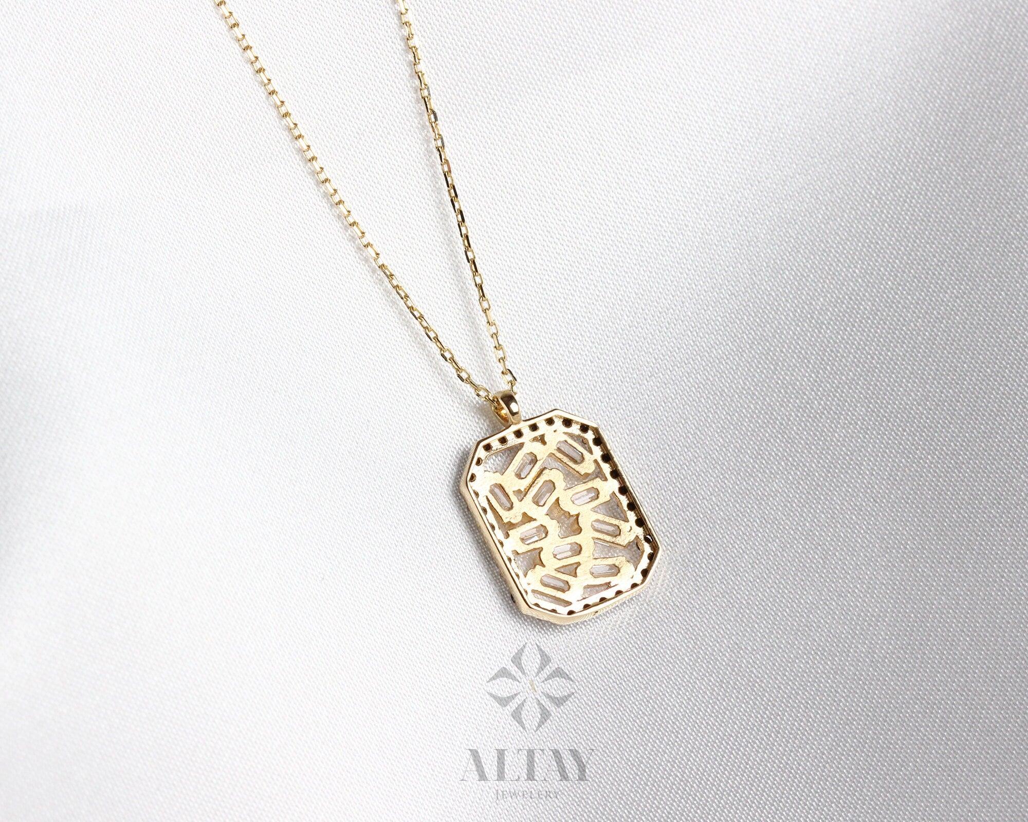 14K Gold Baguette Necklace, Baguette Diamond Pendant, Minimalist Baguette Charm, Rectangle Pendant Dainty Zirconia Choker, Valentine Gift