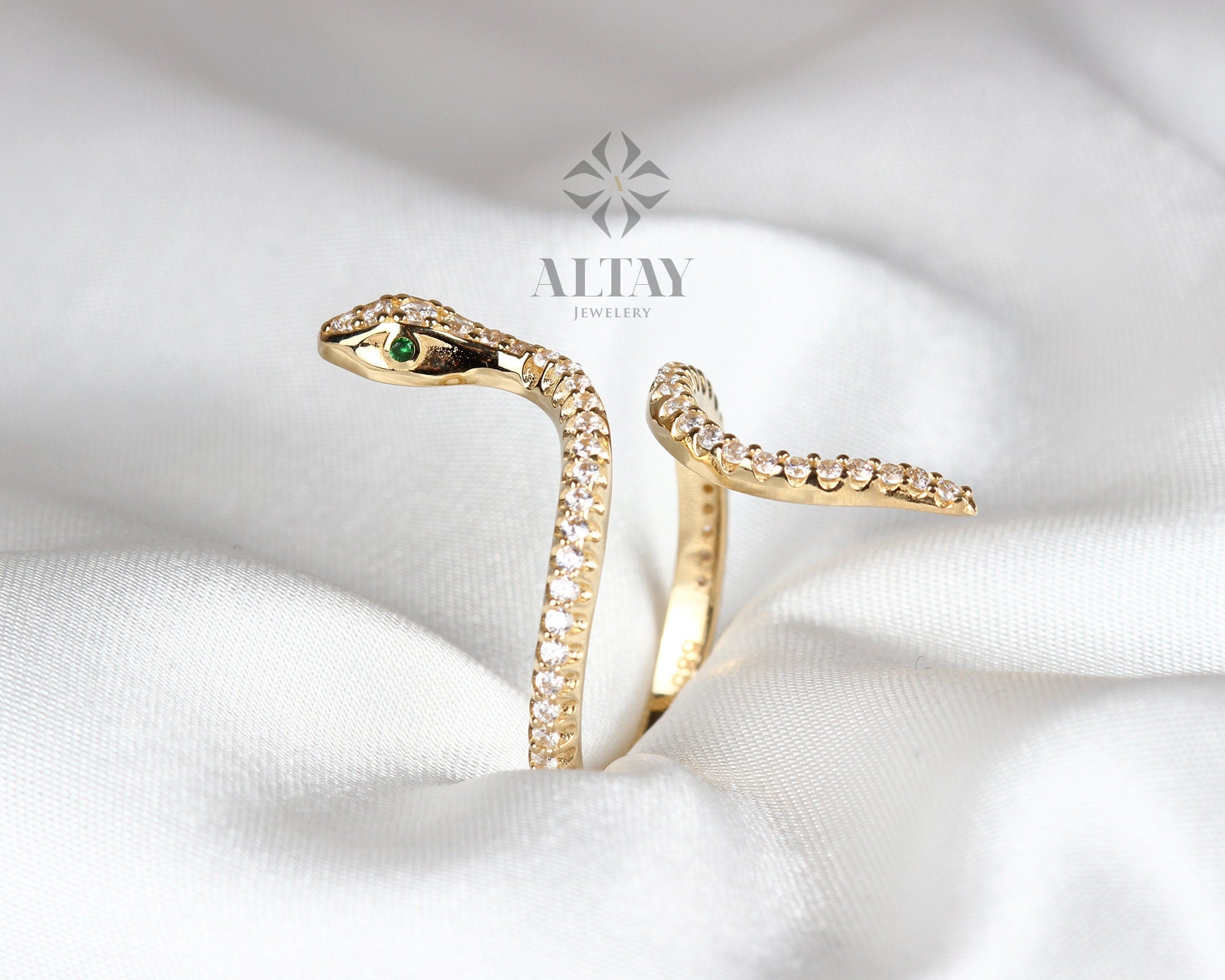 14K Gold Snake Ring, Snake Band, Open Serpent Jewelry, Dainty Stacking Animal Rings, CZ Snake Style Ring, Open Band Statement Wrap Ring