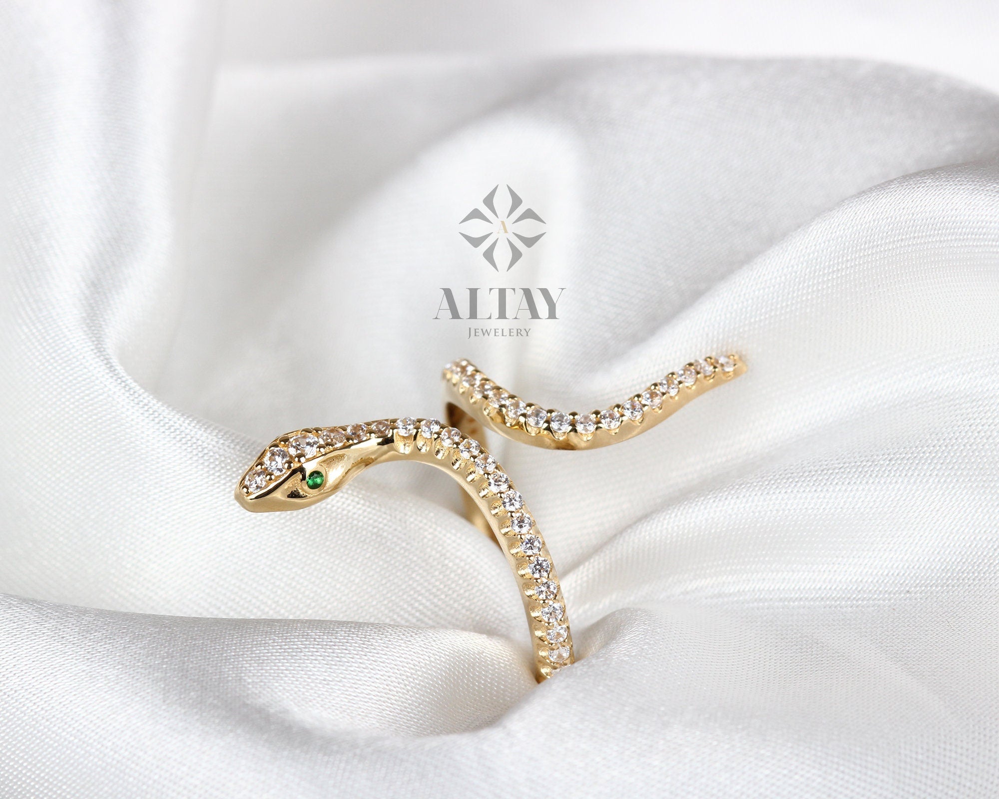 14K Gold Snake Ring, Snake Band, Open Serpent Jewelry, Dainty Stacking Animal Rings, CZ Snake Style Ring, Open Band Statement Wrap Ring