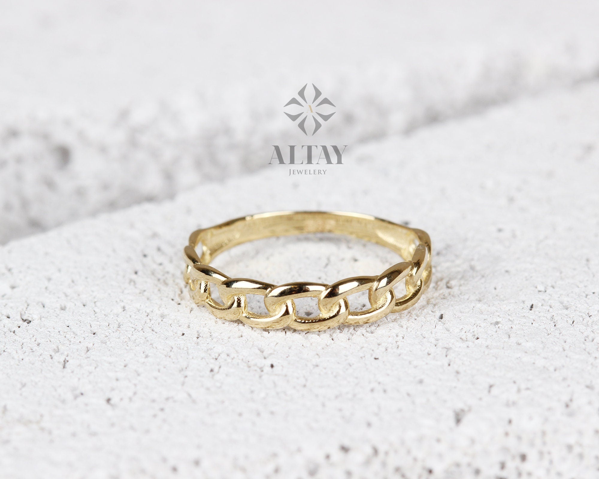 14K Gold Chain Ring, Cuban Link Ring, Thick Chain Curb Ring, Bold Chain Ring, Solid Gold Stacking Ring, Layering Minimalist Chain Link