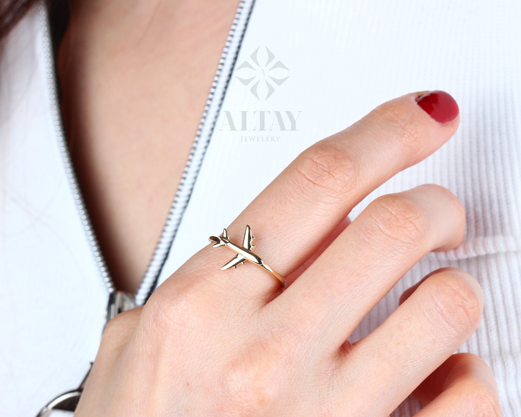 14K Solid Gold Airplane Ring, Aviation Gifts, Plane Gold Ring, Female Pilot Gift, Travel Ring, Minimal Flight Attendant Ring, Gift for Her