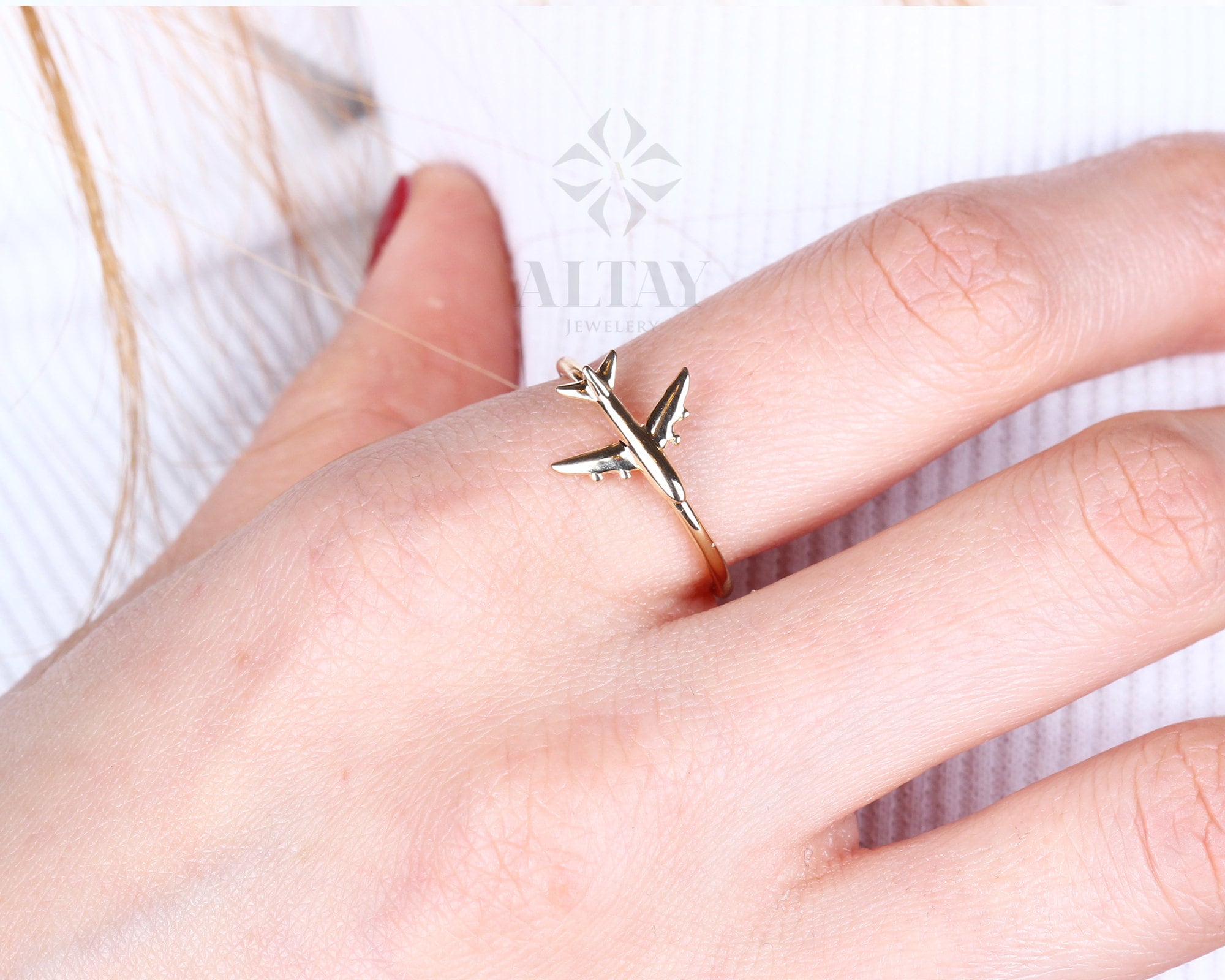 14K Solid Gold Airplane Ring, Aviation Gifts, Plane Gold Ring, Female Pilot Gift, Travel Ring, Minimal Flight Attendant Ring, Gift for Her