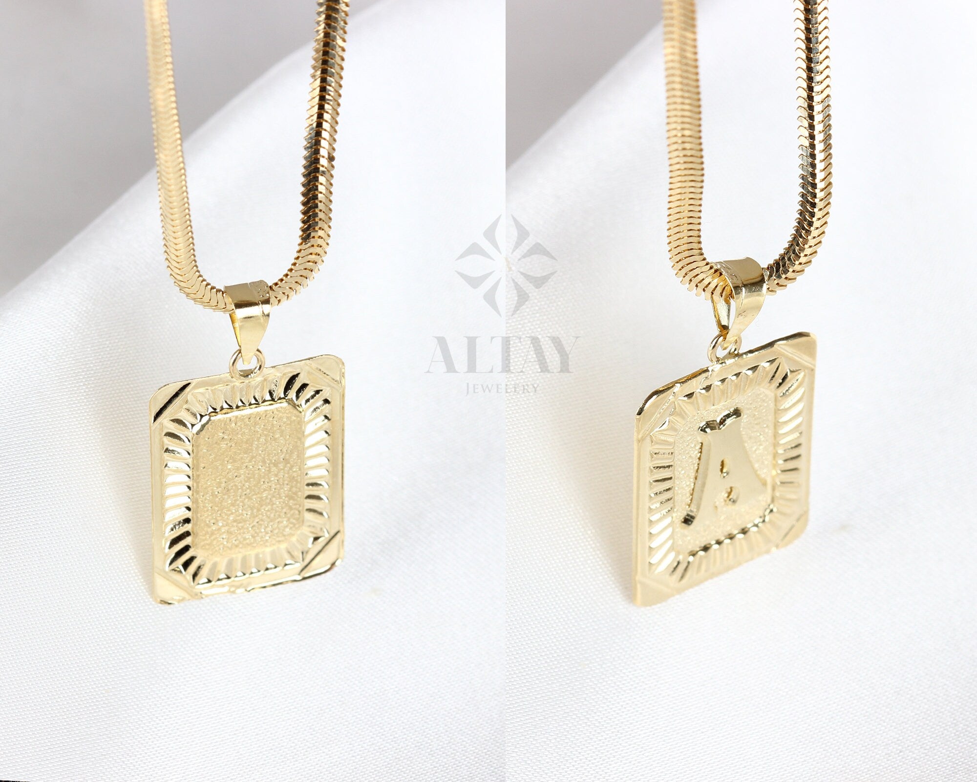 14K Gold Initial Necklace, Gold Letter Necklace, Square Block Letter, Custom Personalized Necklace, Medallion Necklace, Gift For Her Him