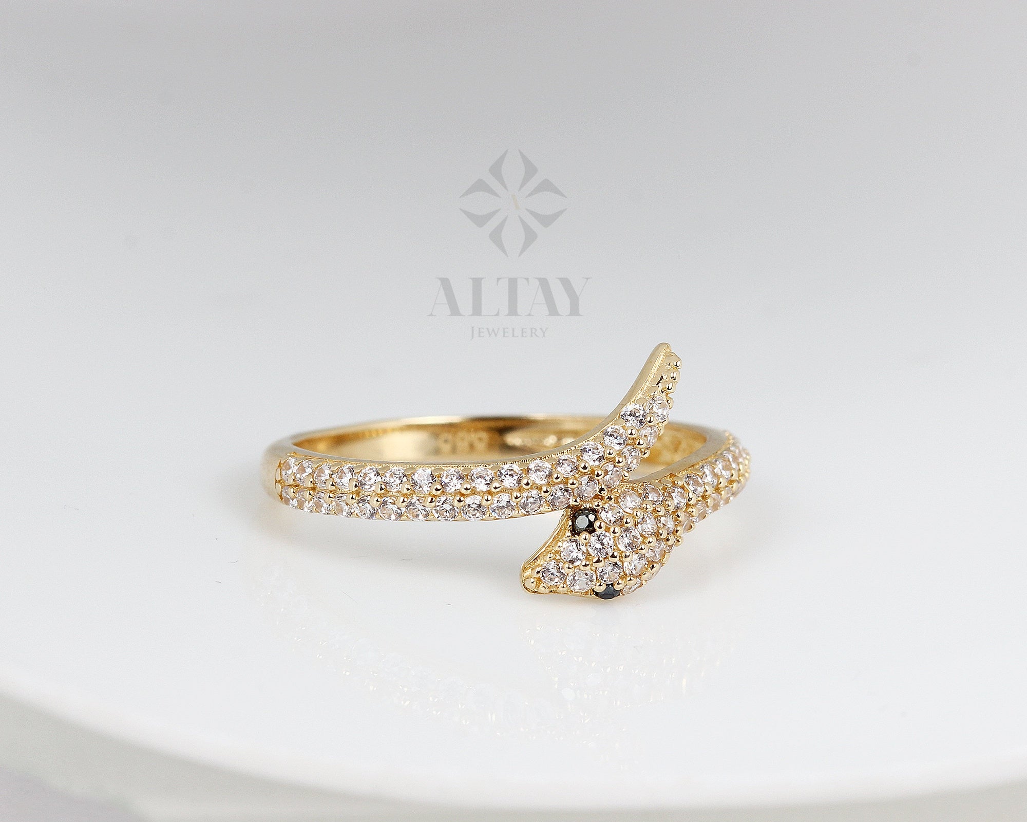 14K Gold Snake Ring, Snake Band, Open Serpent Jewelry, Dainty Stacking Animal Rings, CZ Snake Style Ring, Open Band Statement Wrap Ring