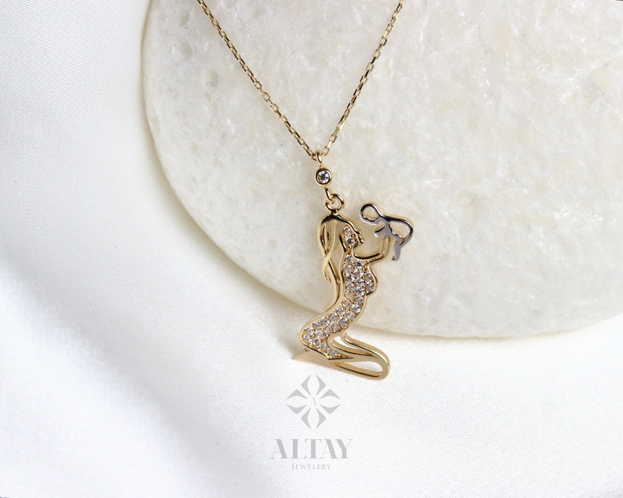 14K Gold Mother and Child Necklace, Family Pendant, Mother and Baby Charm, Mothers Day Gift, New Mom Gift, Valentines Day, Gift for Her