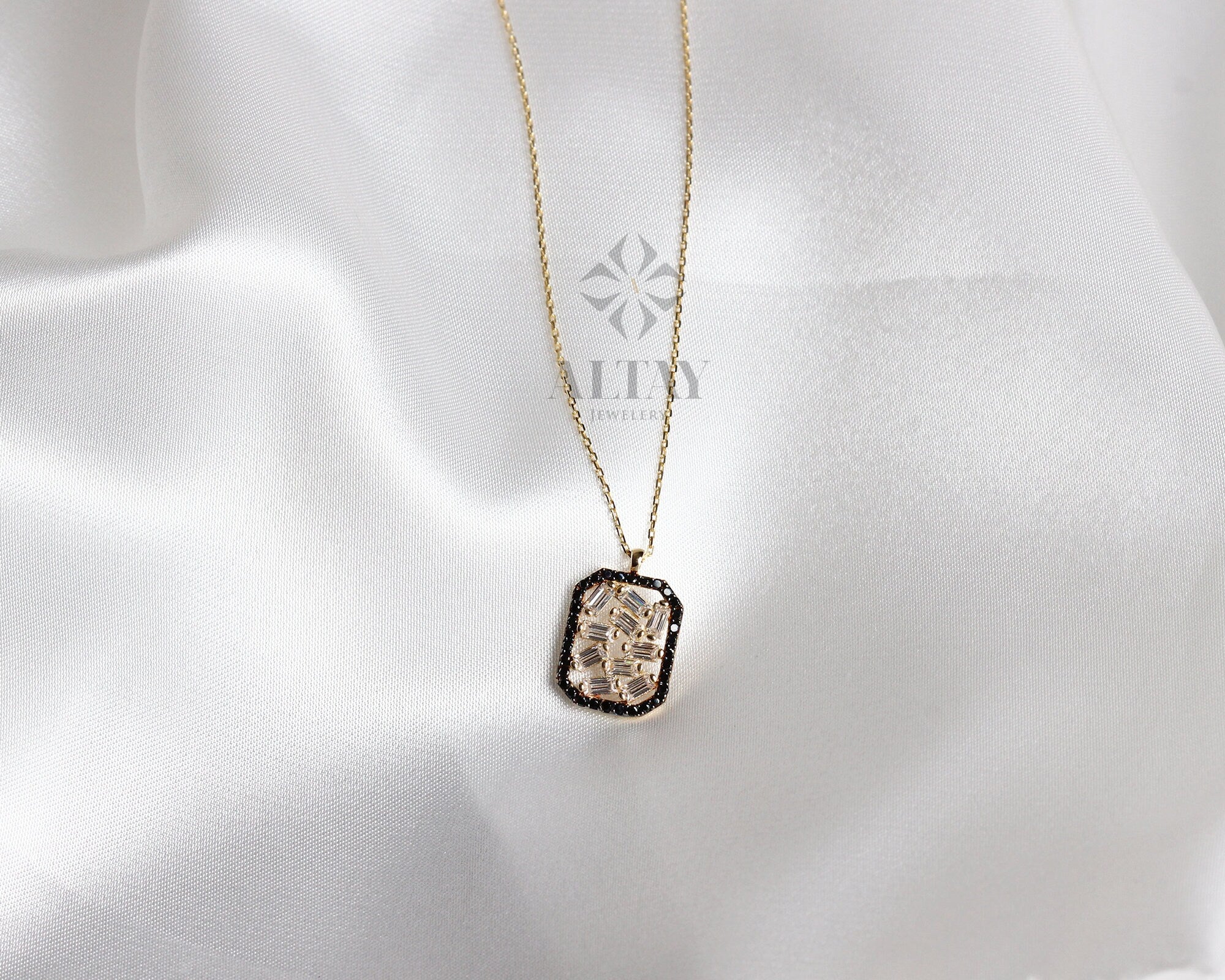 14K Gold Baguette Necklace, Baguette Diamond Pendant, Minimalist Baguette Charm, Rectangle Pendant Dainty Zirconia Choker, Valentine Gift