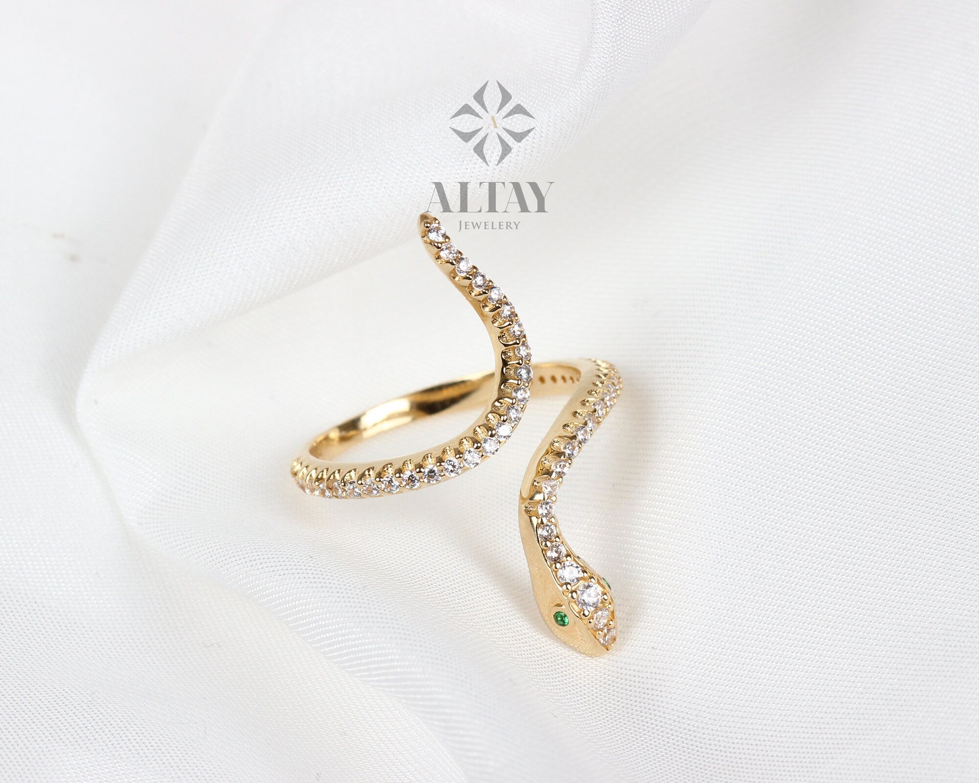 14K Gold Snake Ring, Snake Band, Cz Diamond Open Serpent Jewelry, Dainty Stacking Animal Rings, Snake Style Ring, Statement Band Wrap Ring