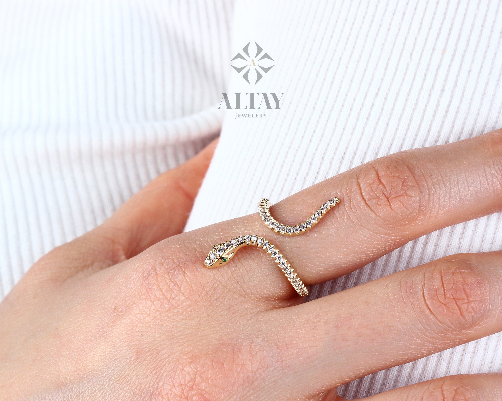 14K Gold Snake Ring, Snake Band, Open Serpent Jewelry, Dainty Stacking Animal Rings, CZ Snake Style Ring, Open Band Statement Wrap Ring