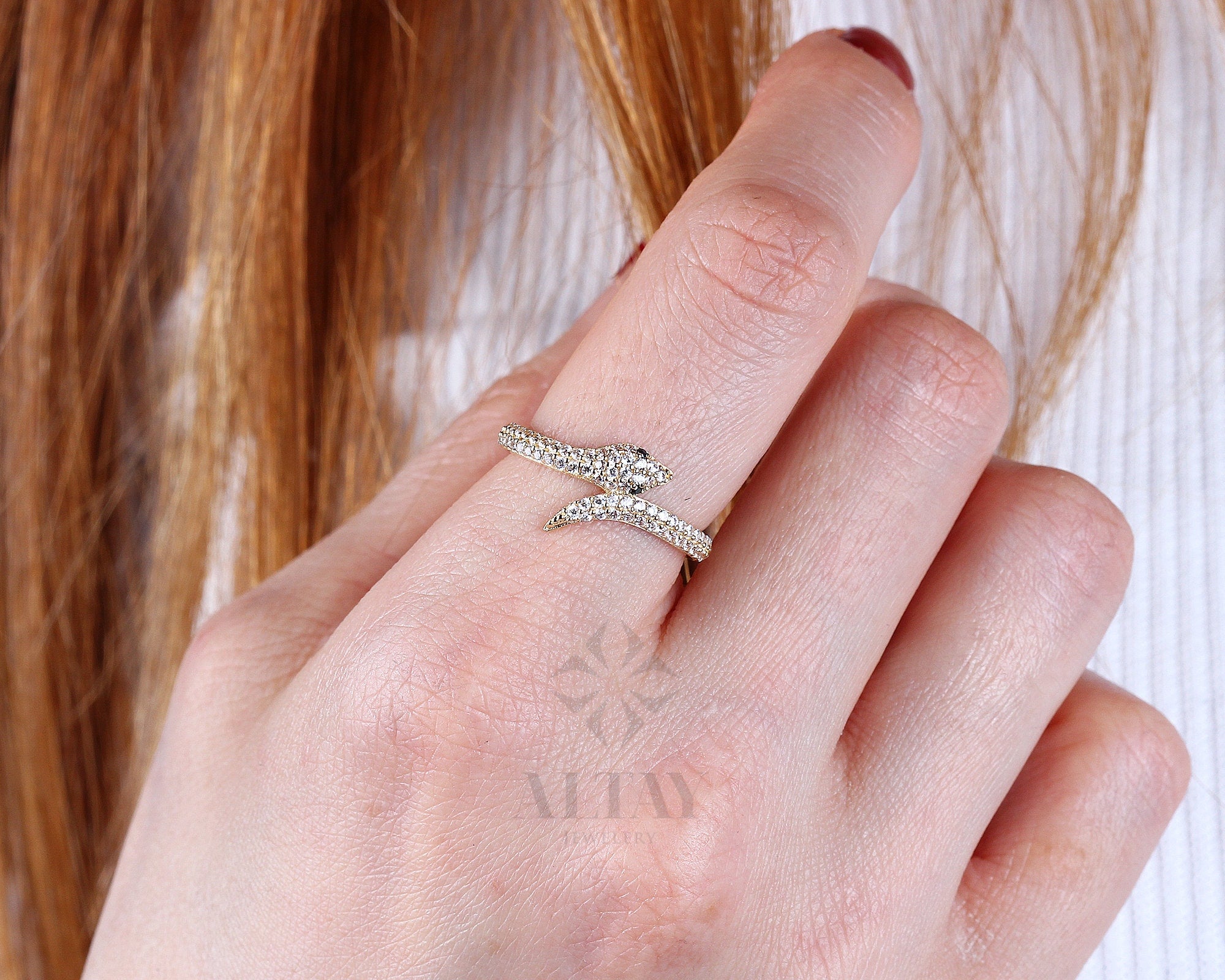 14K Gold Snake Ring, Snake Band, Open Serpent Jewelry, Dainty Stacking Animal Rings, CZ Snake Style Ring, Open Band Statement Wrap Ring