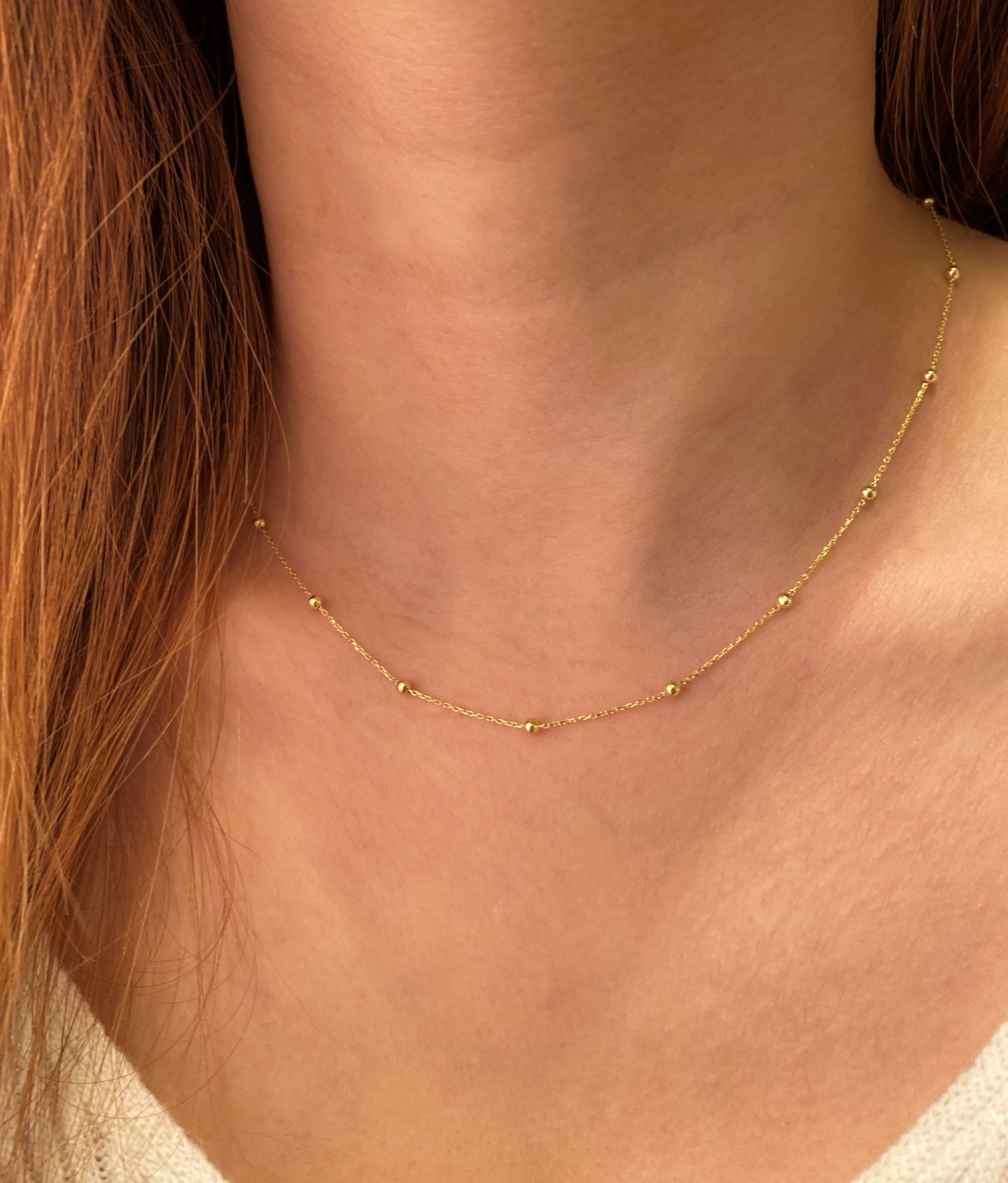 14K Gold Satellite Necklace, Beaded Necklace, Ball Chain Choker, Dainty Bead Chain Necklace, Station Necklace, Layering Gold Chain Necklace
