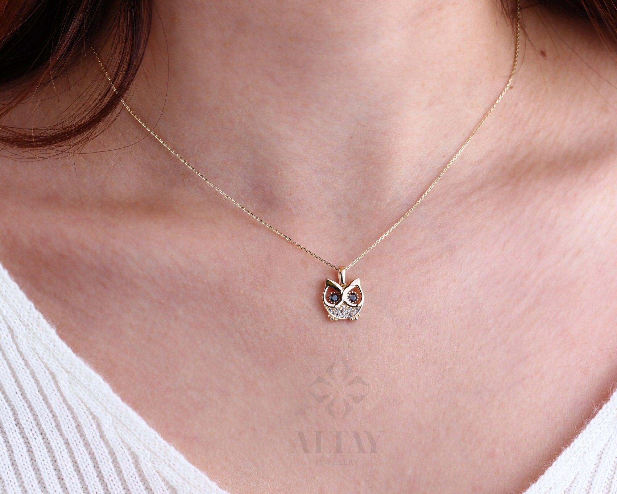 14K Gold Owl Diamond Necklace, CZ Diamond Night Owl Pendant Necklace, Dainty Gold Owl Charm, CZ Diamond Necklace, Gift For Her