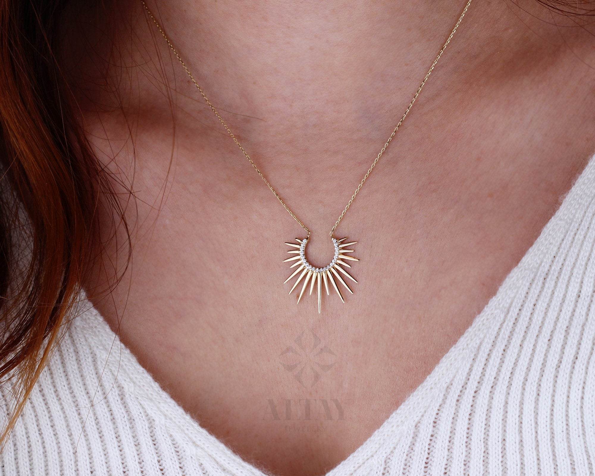 14K Gold Sunburst Necklace, Spikey Gold Sun Pendant, Celestial Layering Choker, Crescent Necklace, Semicircle Dainty Charm, Gift For Her