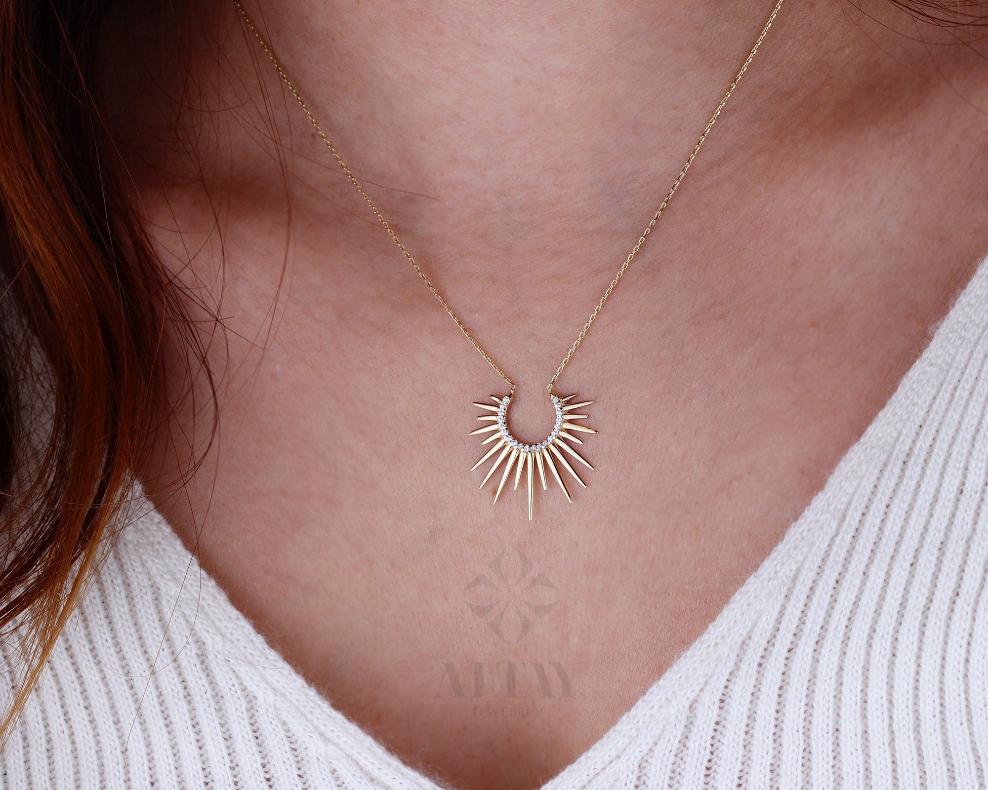 14K Gold Semicircle Sunshine Necklace, Sunburst Pendant Necklace, Sunburst Medallion Necklace, Celestial Necklace, Crescent Sun Necklace