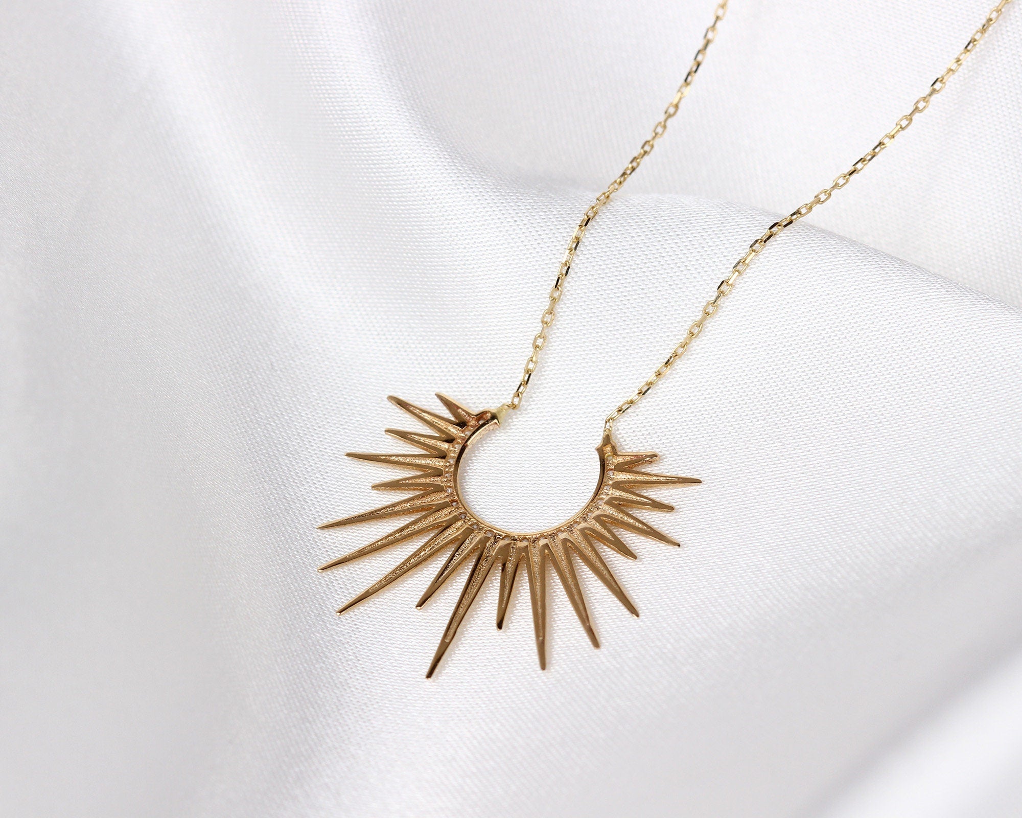 14K Gold Sunburst Necklace, Spikey Gold Sun Pendant, Celestial Layering Choker, Crescent Necklace, Semicircle Dainty Charm, Gift For Her
