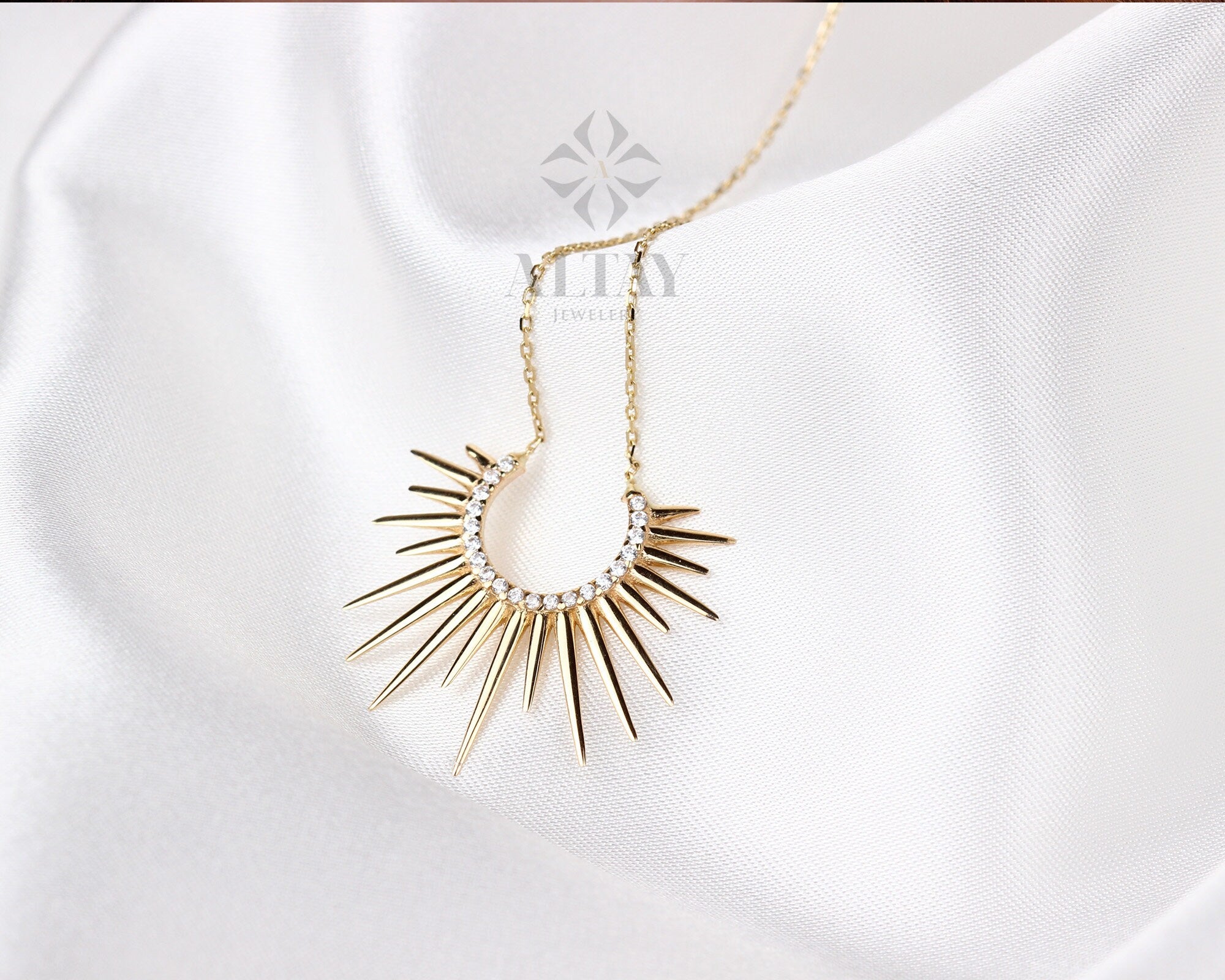 14K Gold Sunburst Necklace, Spikey Gold Sun Pendant, Celestial Layering Choker, Crescent Necklace, Semicircle Dainty Charm, Gift For Her