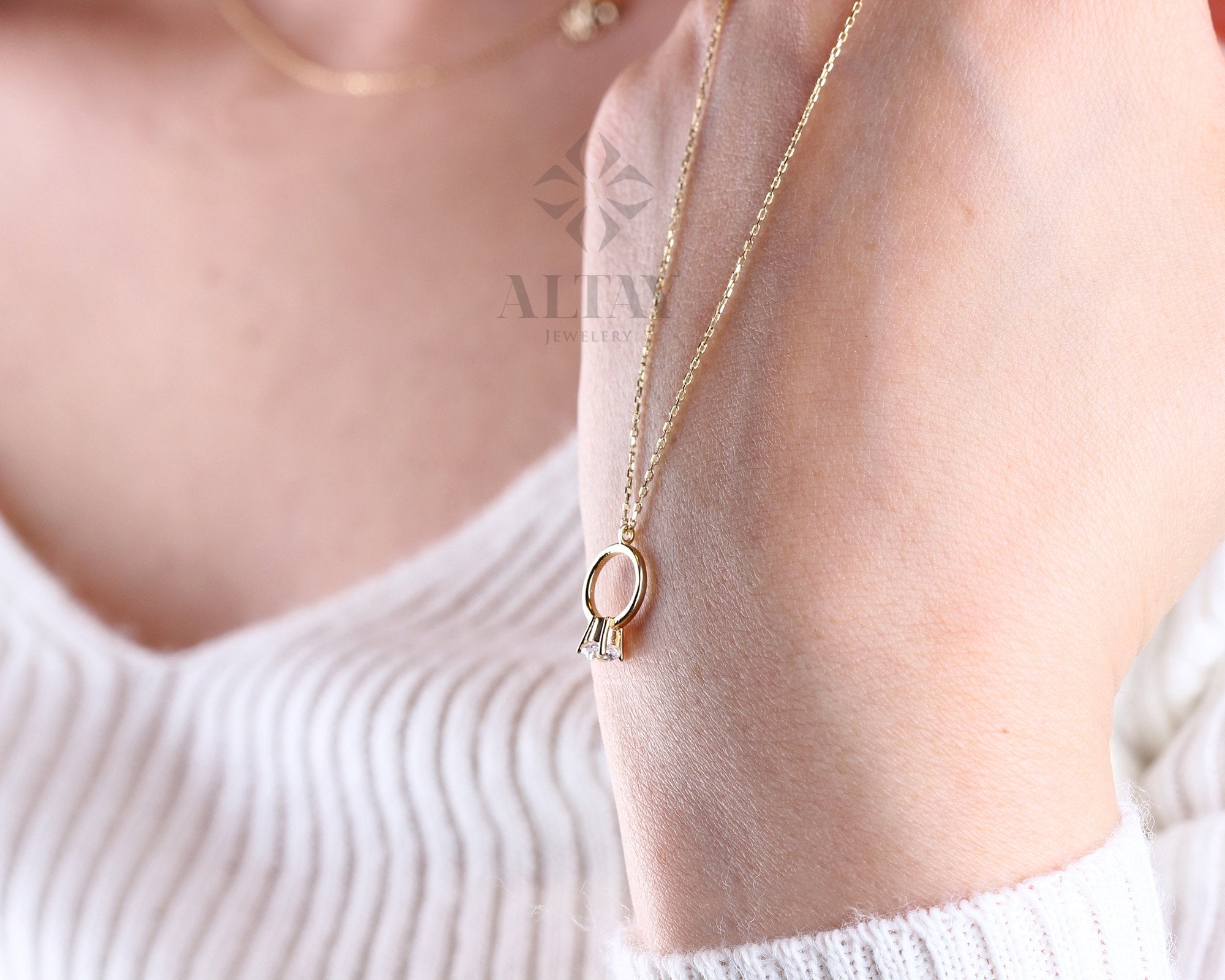 14K Gold Solitaire Ring Necklace, Dainty Gold Circle, Karma Necklace, Eternity, Simple Open Circle, Christmas Gift, Gift for Her