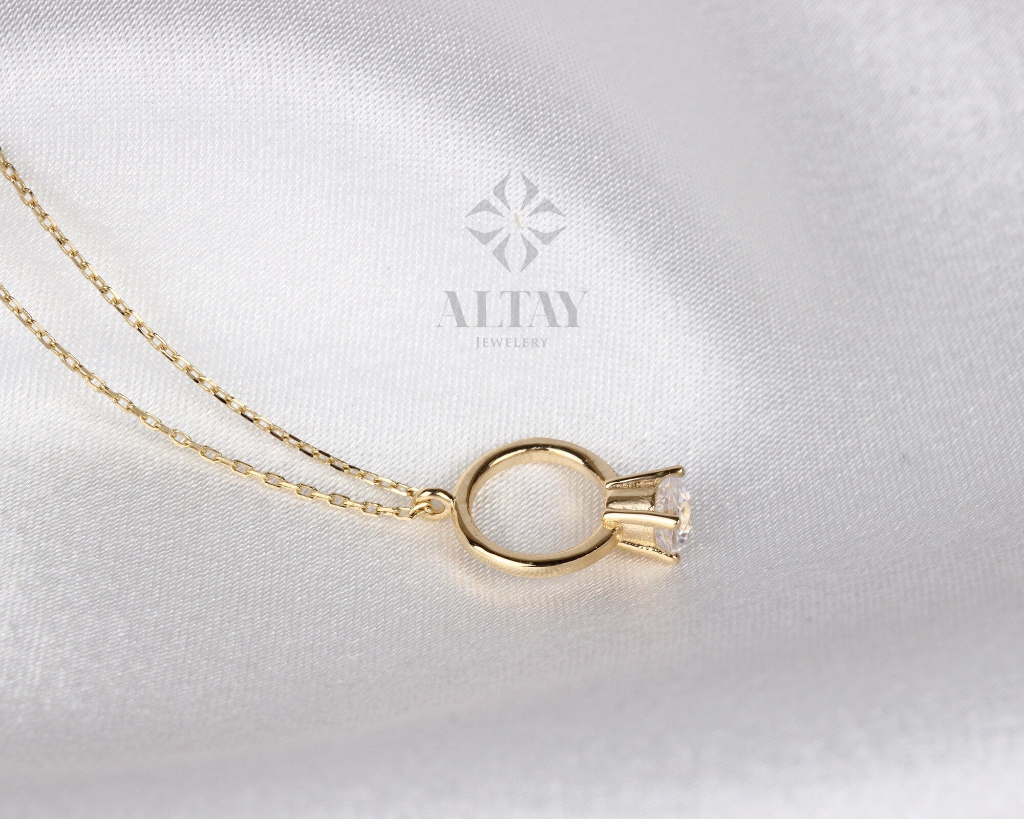 14K Gold Solitaire Ring Necklace, Dainty Gold Circle, Karma Necklace, Eternity, Simple Open Circle, Christmas Gift, Gift for Her
