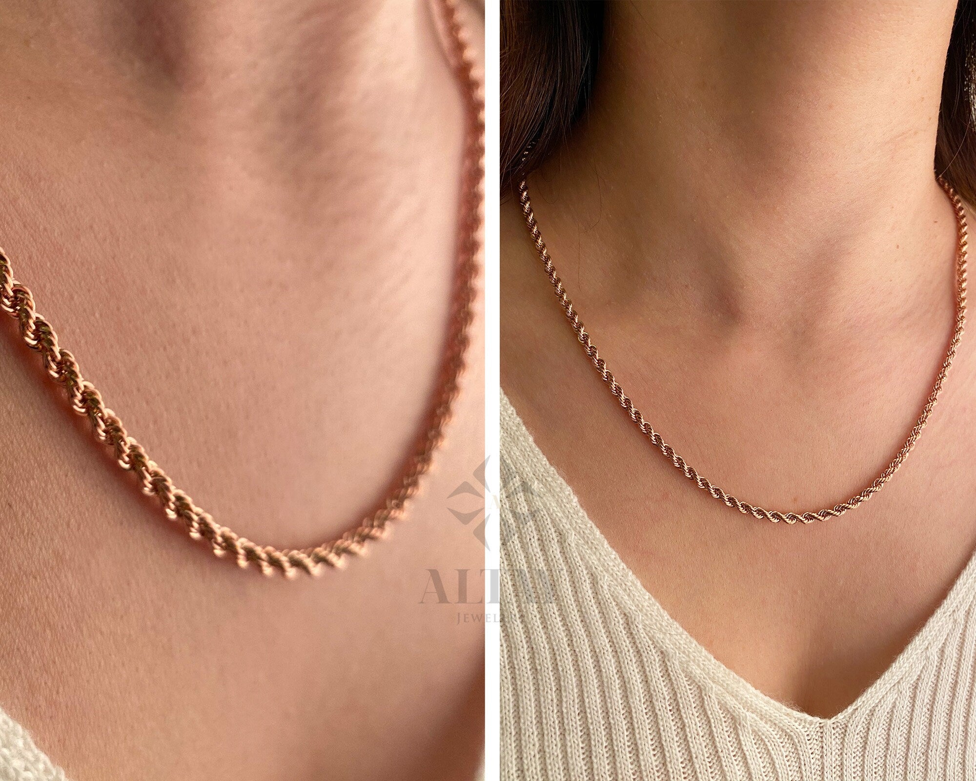 14K Gold Rope Chain Necklace, 4mm Diamond Cut Chain Choker, Twisted Chain Necklace, Men, Woman Stacking Charm, Thick Dainty Necklace