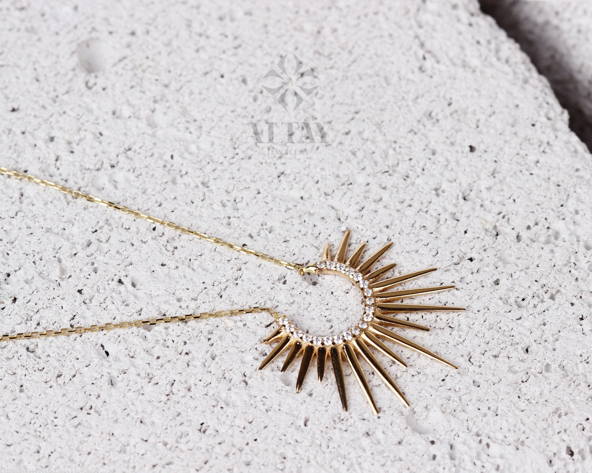 14K Gold Sunburst Necklace, Spikey Gold Sun Pendant, Celestial Layering Choker, Crescent Necklace, Semicircle Dainty Charm, Gift For Her