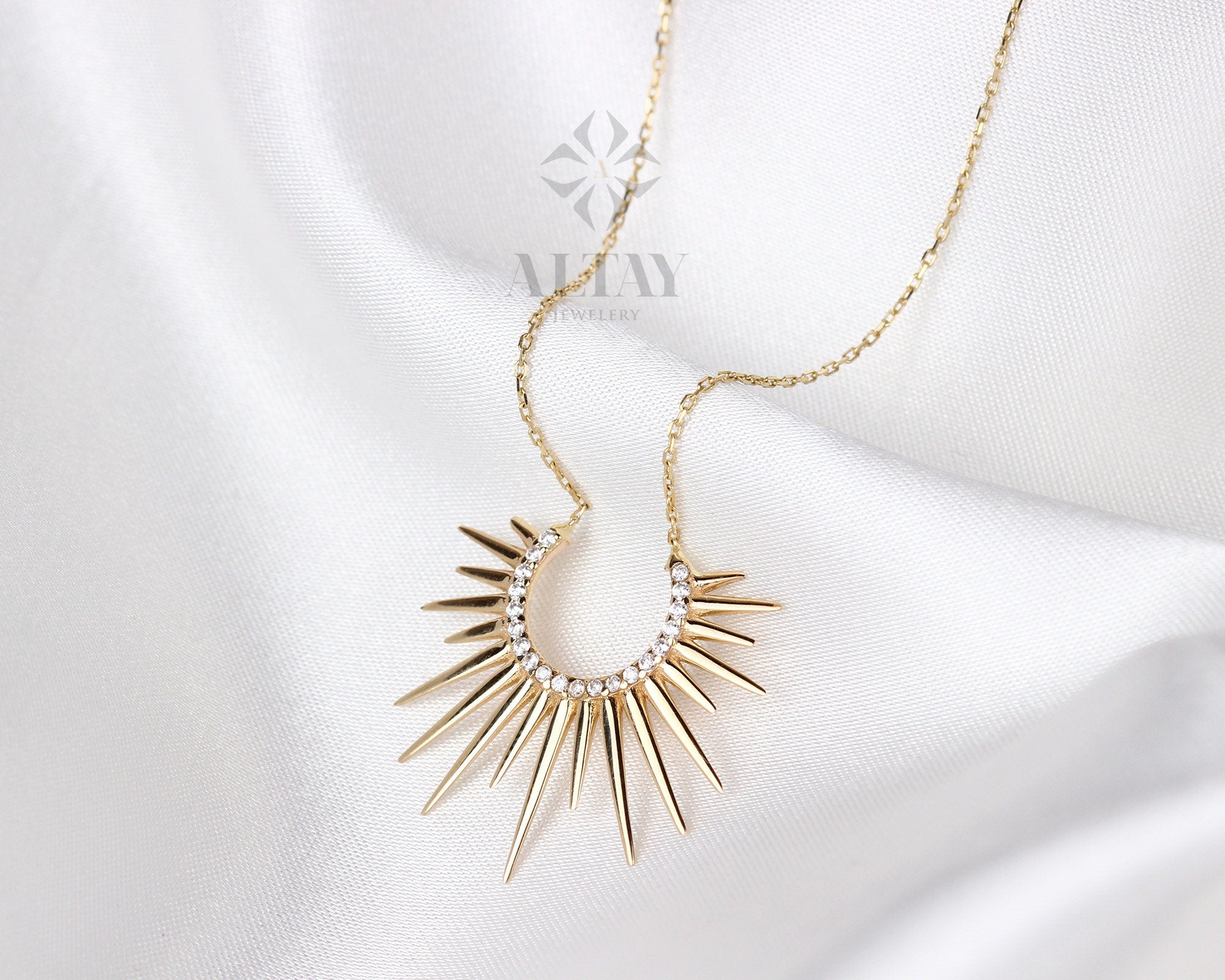 14K Gold Sunburst Necklace, Spikey Gold Sun Pendant, Celestial Layering Choker, Crescent Necklace, Semicircle Dainty Charm, Gift For Her