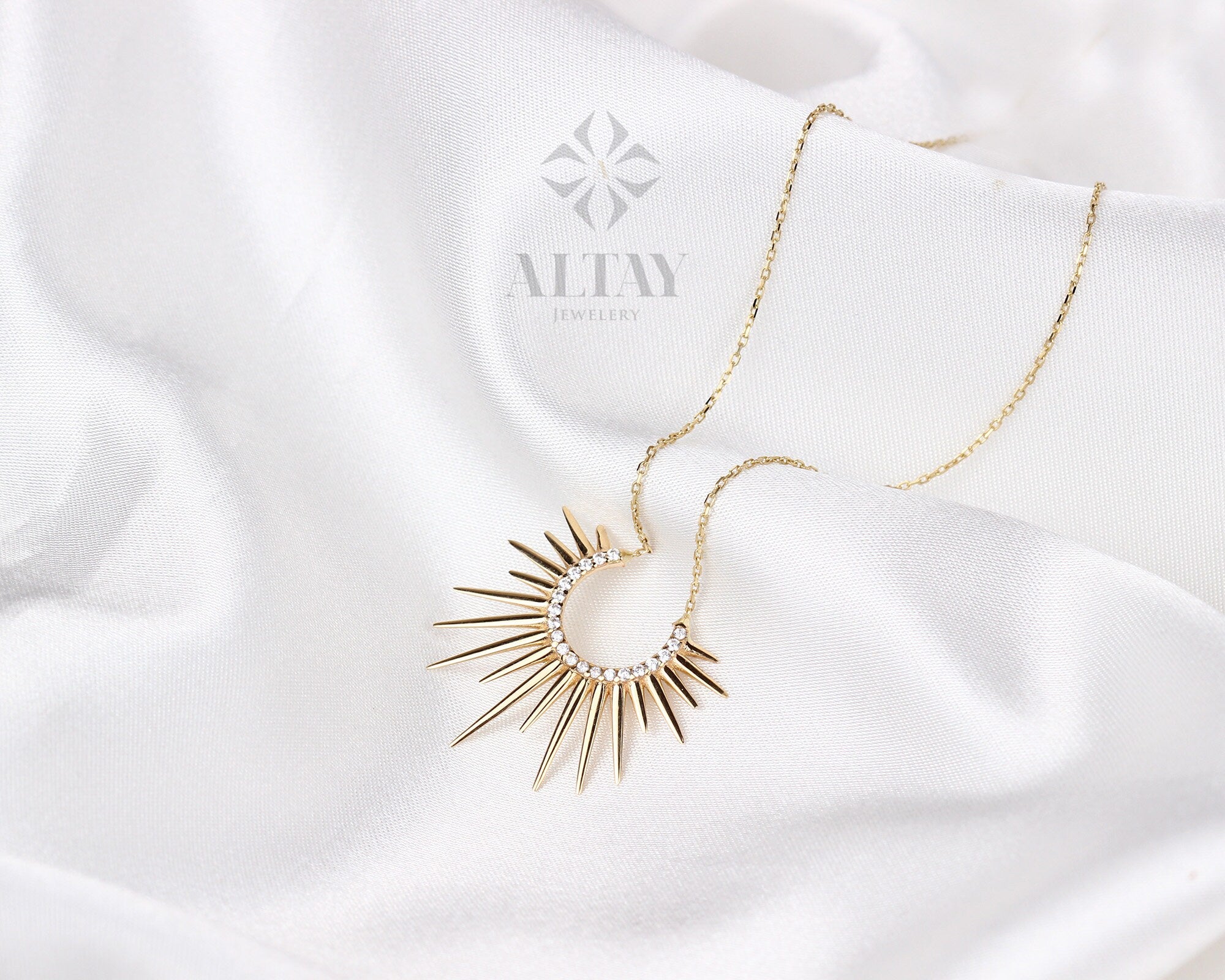 14K Gold Semicircle Sunshine Necklace, Sunburst Pendant Necklace, Sunburst Medallion Necklace, Celestial Necklace, Crescent Sun Necklace