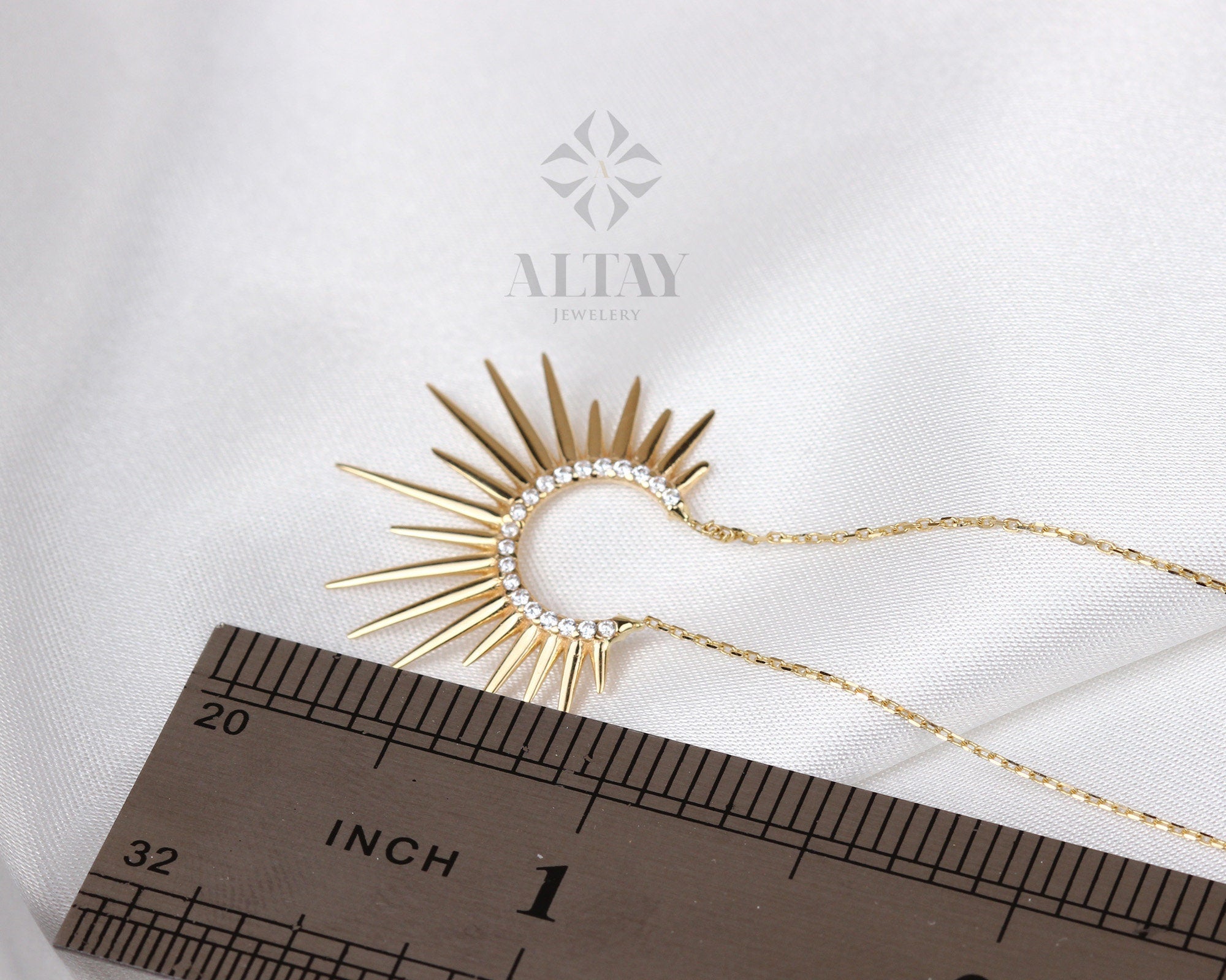 14K Gold Sunburst Necklace, Spikey Gold Sun Pendant, Celestial Layering Choker, Crescent Necklace, Semicircle Dainty Charm, Gift For Her