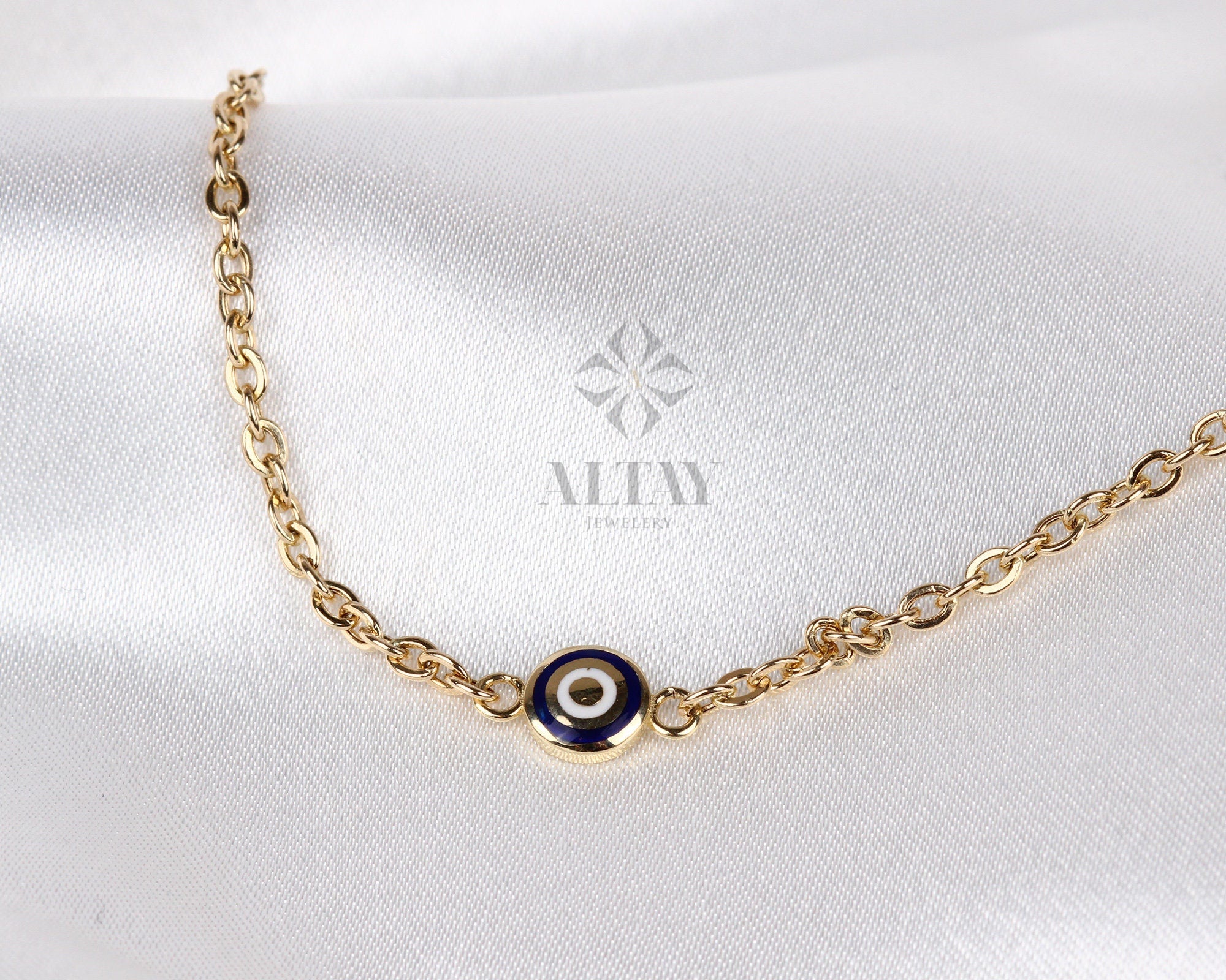 14K Gold Evil Eye Bracelet, Gold Chain Bracelet, Evil Eye Charm Bracelet, Everyday Rolo Gold Jewelry, Minimalist Jewelry, Gift for Her