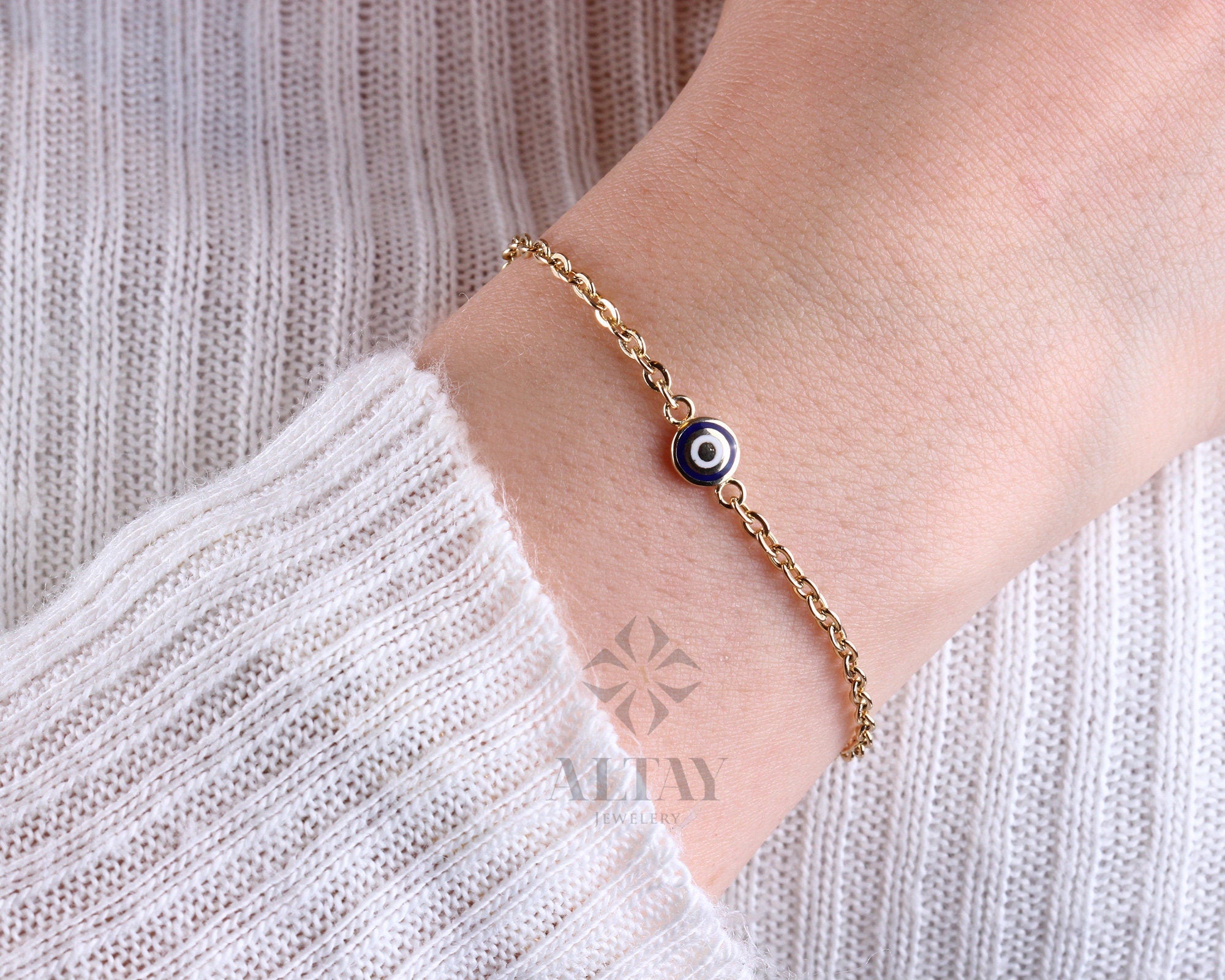 14K Gold Evil Eye Bracelet, Gold Chain Bracelet, Evil Eye Charm Bracelet, Everyday Rolo Gold Jewelry, Minimalist Jewelry, Gift for Her