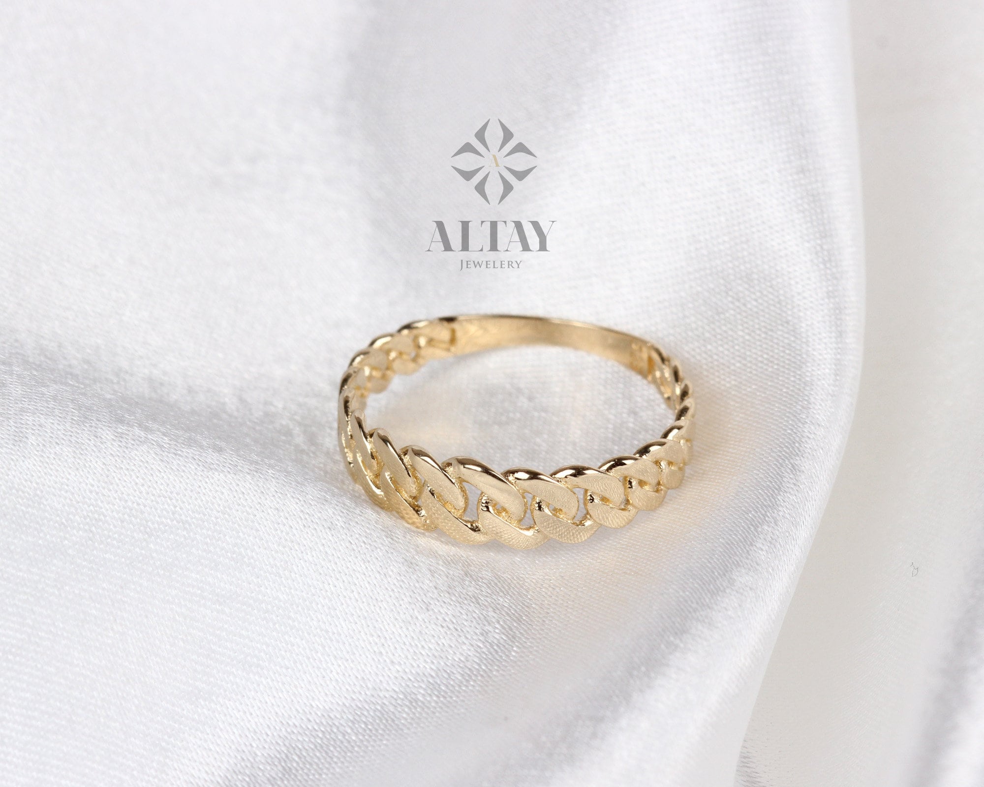 14K Gold Chain Ring, Cuban Link Ring, Thick Chain Curb Ring, Bold Chain Ring, Solid Gold Stacking Ring, Layering Minimalist Chain Link