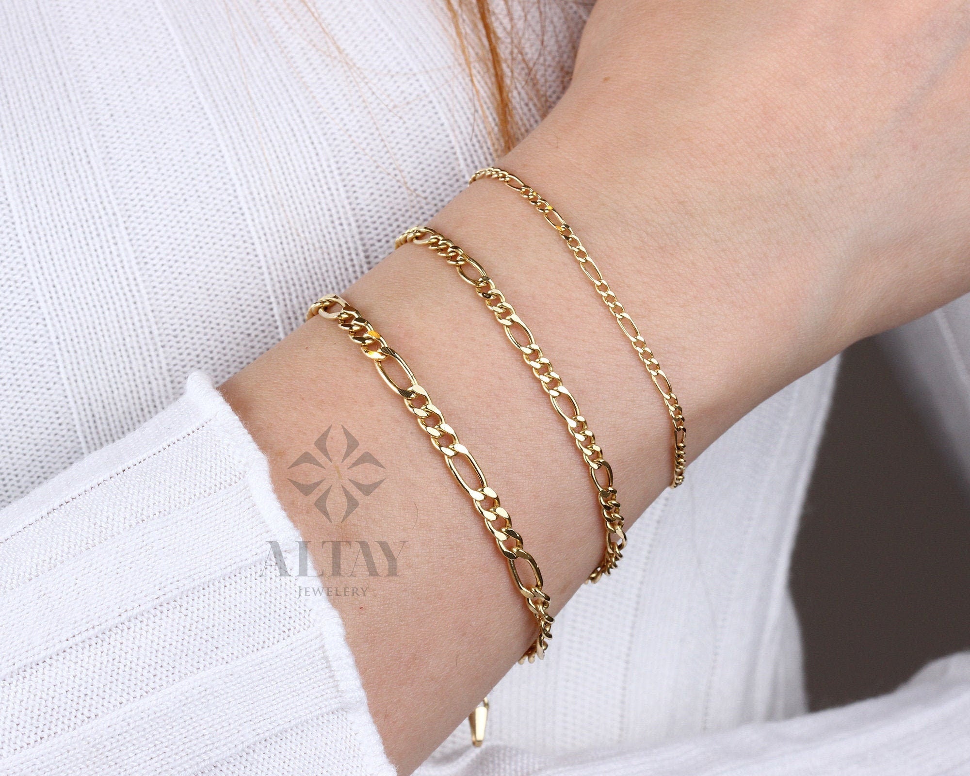 14K Solid Gold Figaro Chain Bracelet, 2mm 3mm 4mm Italian Figaro Chain Link, Real Gold Dainty Bracelet, Stacking Bracelet, Gift for Her