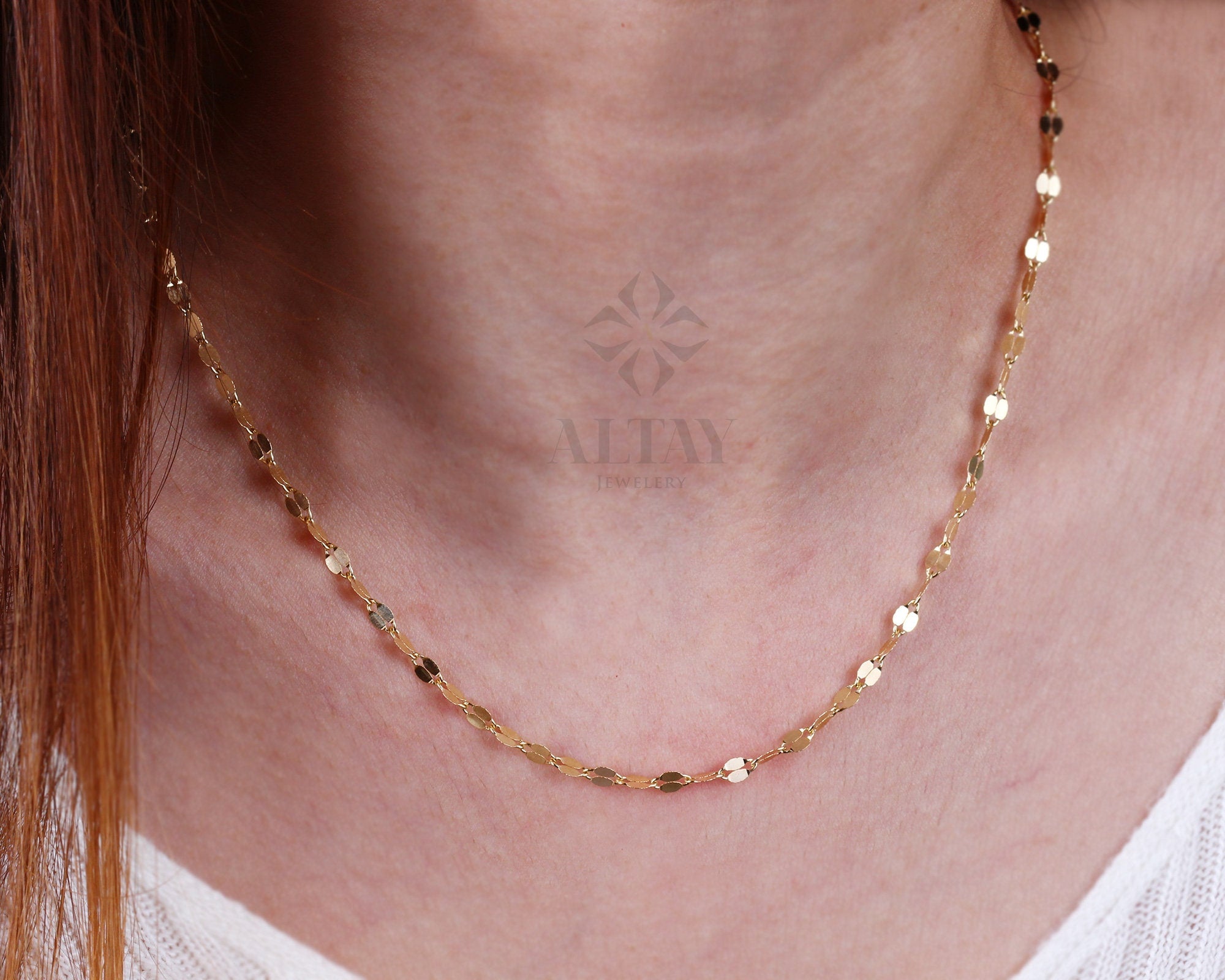 14K Solid Gold Sequin Necklace, Dainty Chain Choker, Dainty Lace Thin Gold Charm, Delicate Sequin Necklace, Gift For Her
